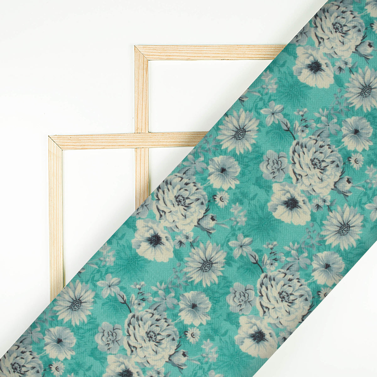 Turquoise And Cream Floral Pattern Digital Print Elegant Blend Pashmina Fabric