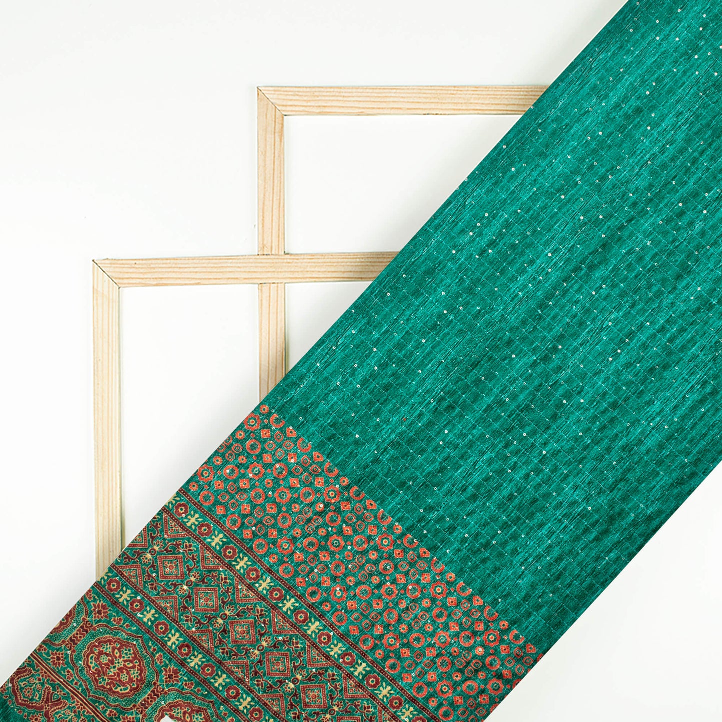 Kaitoke Green And Red Daman Pattern Sequins Digital Print Superior Velvet Fabric (Width 58 Inches)