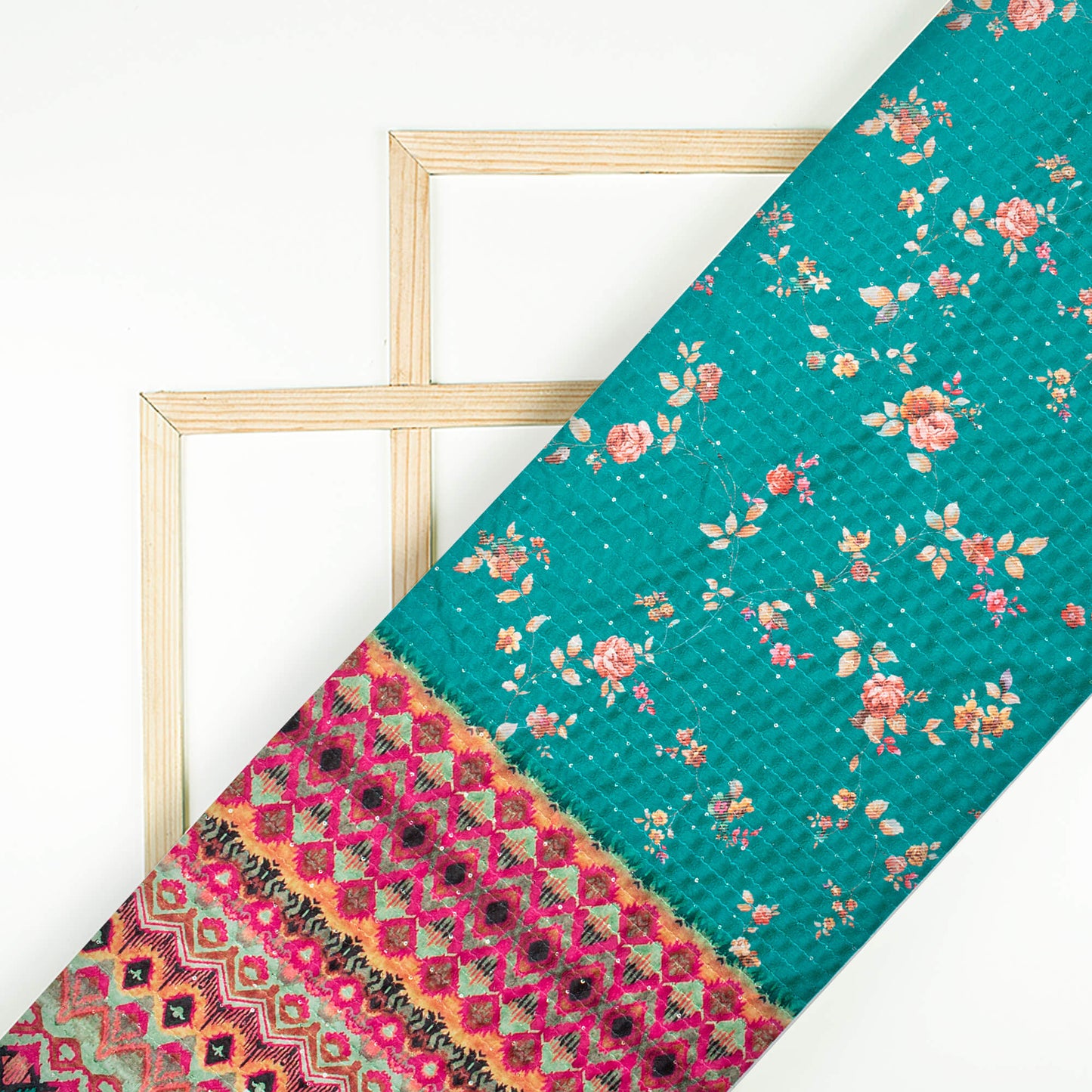 Pine Green And Pink Daman Pattern Sequins Digital Print Superior Velvet Fabric (Width 54 Inches)