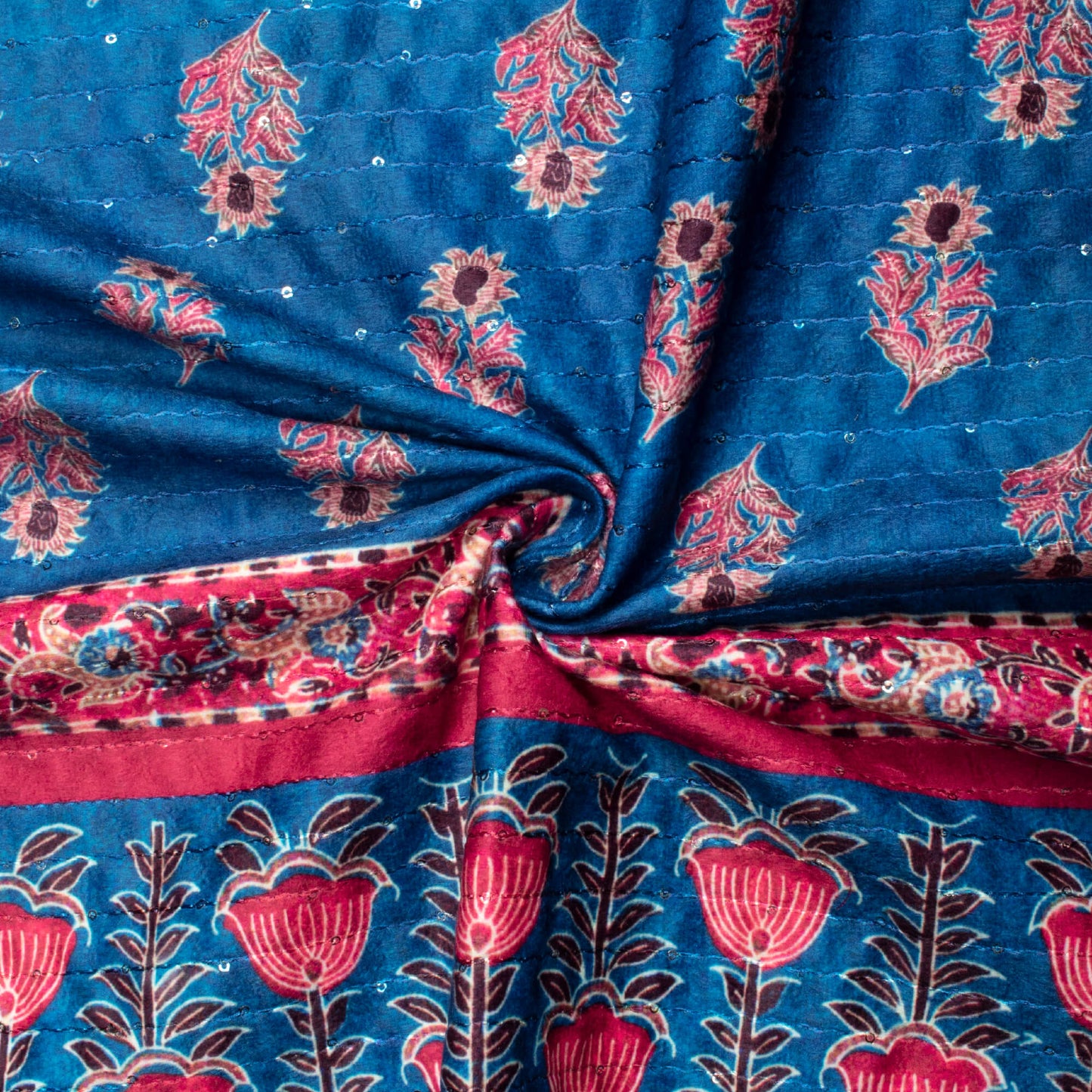 Midnight Blue And Red Daman Pattern Sequins Digital Print Superior Velvet Fabric (Width 58 Inches)