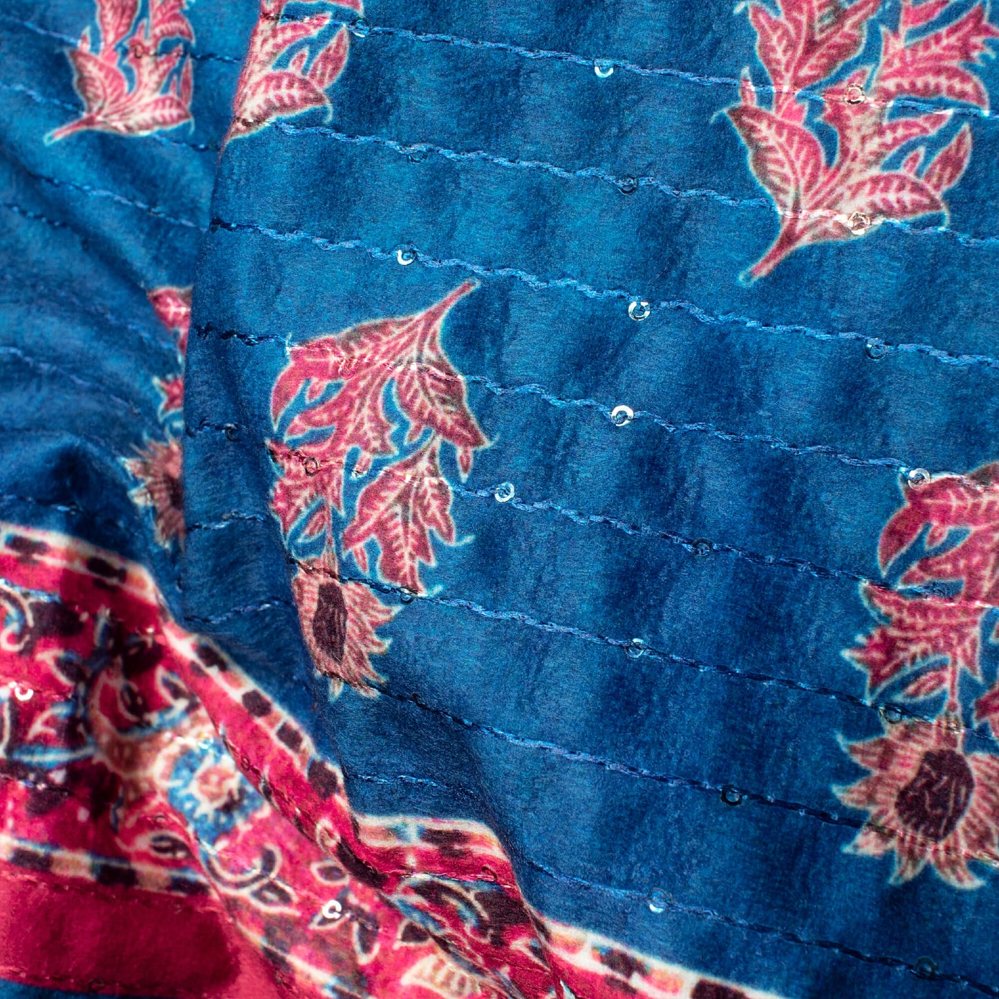 Midnight Blue And Red Daman Pattern Sequins Digital Print Superior Velvet Fabric (Width 58 Inches)