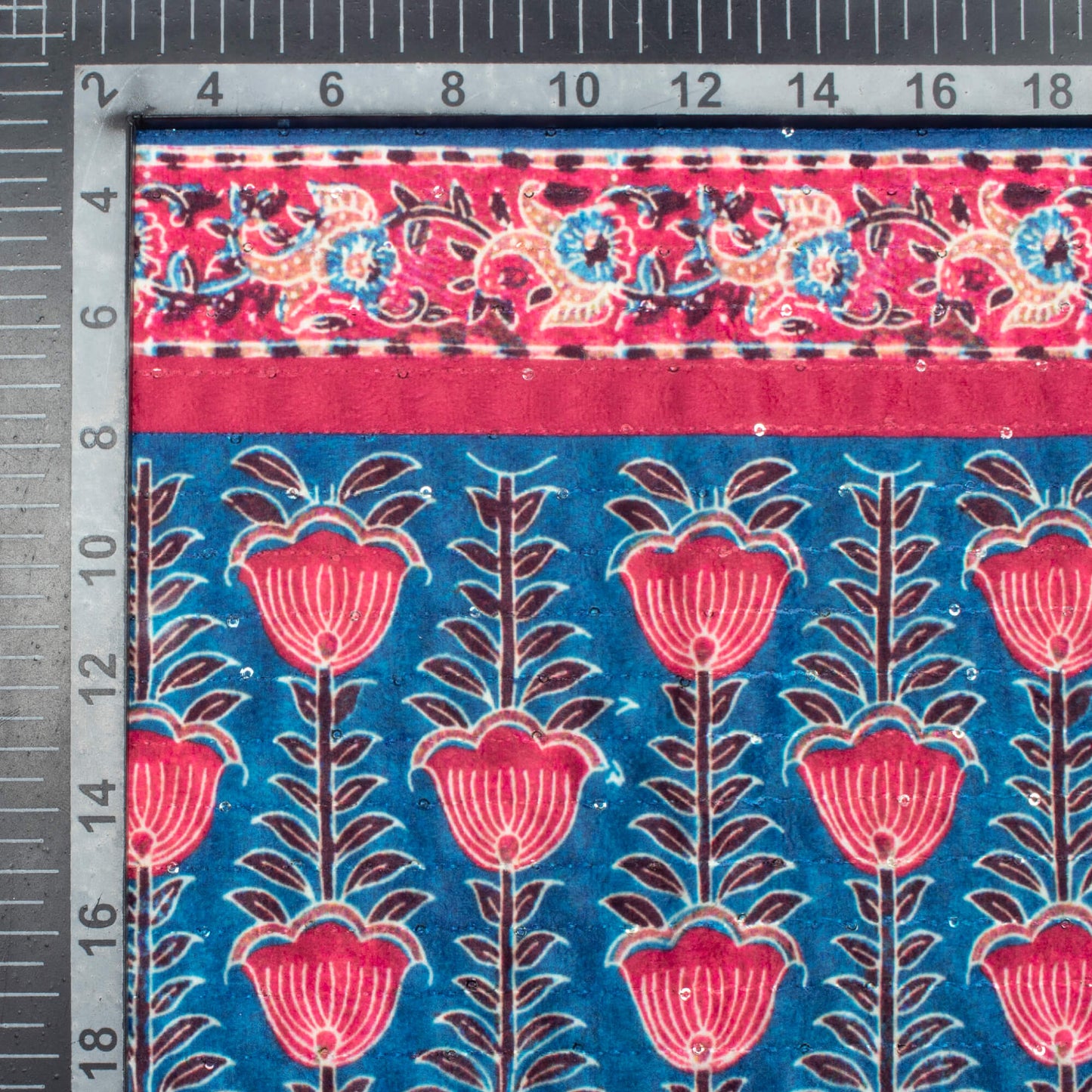 Midnight Blue And Red Daman Pattern Sequins Digital Print Superior Velvet Fabric (Width 58 Inches)