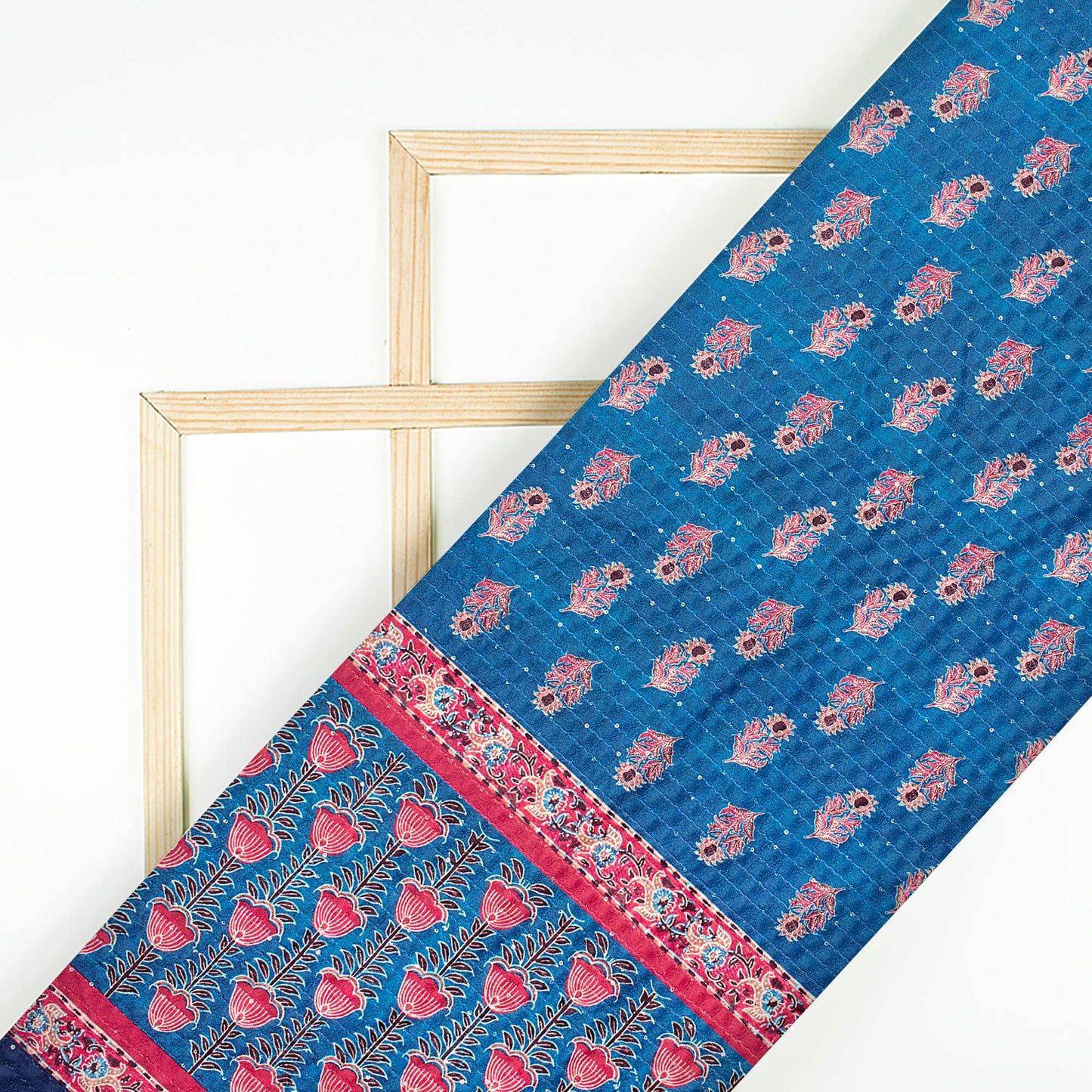 Midnight Blue And Red Daman Pattern Sequins Digital Print Superior Velvet Fabric (Width 58 Inches)
