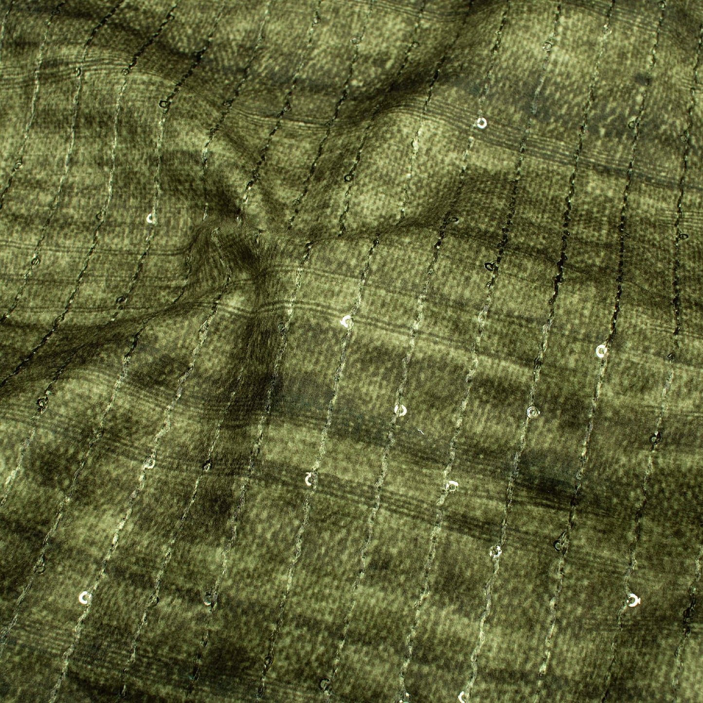 Fern Green Textured Pattern Sequins Digital Print Superior Velvet Fabric (Width 58 Inches)