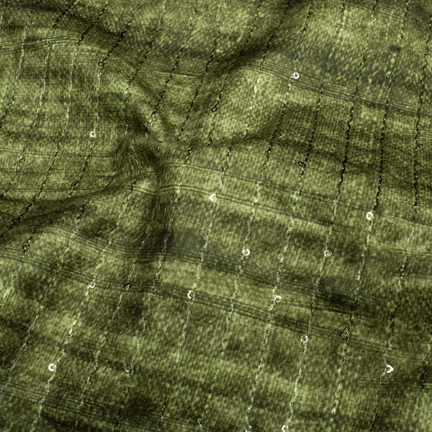 Fern Green Textured Pattern Sequins Digital Print Superior Velvet Fabric (Width 54 Inches)