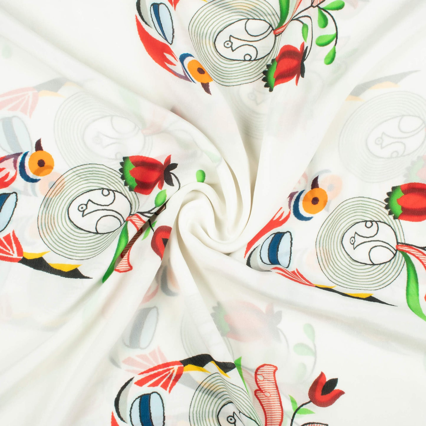 White And Red Bird Pattern Digital Print Viscose Natural Crepe Fabric