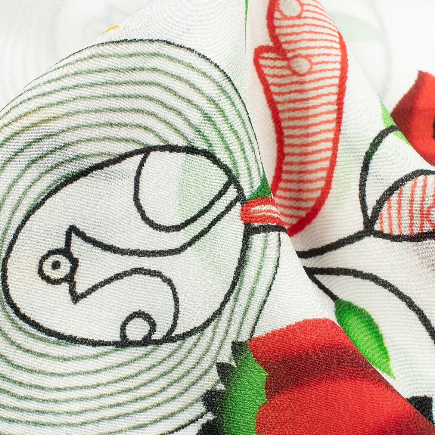 White And Red Bird Pattern Digital Print Viscose Natural Crepe Fabric