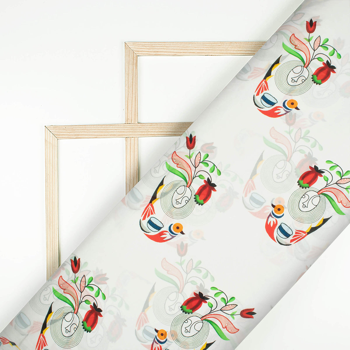 White And Red Bird Pattern Digital Print Viscose Natural Crepe Fabric