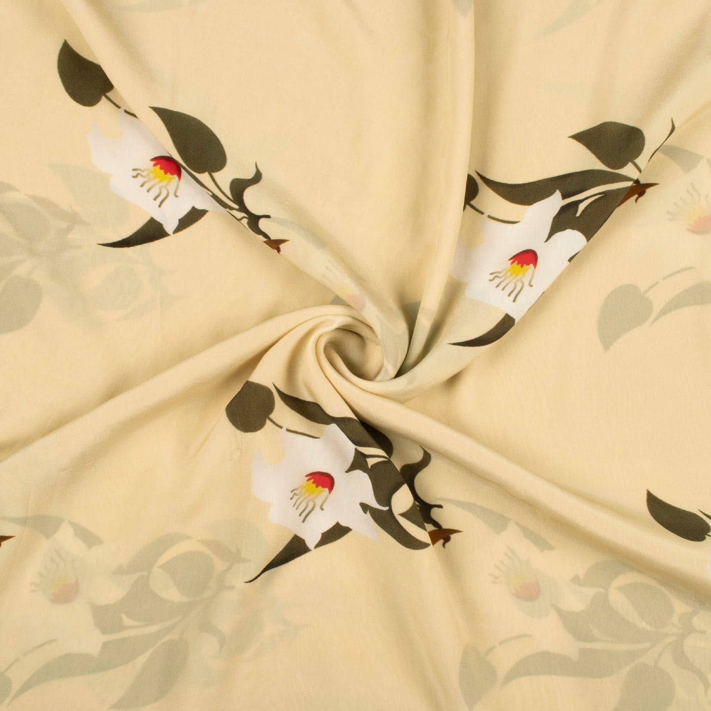 Oat Beige And Old Moss Green Floral Pattern Digital Print Viscose Natural Crepe Fabric