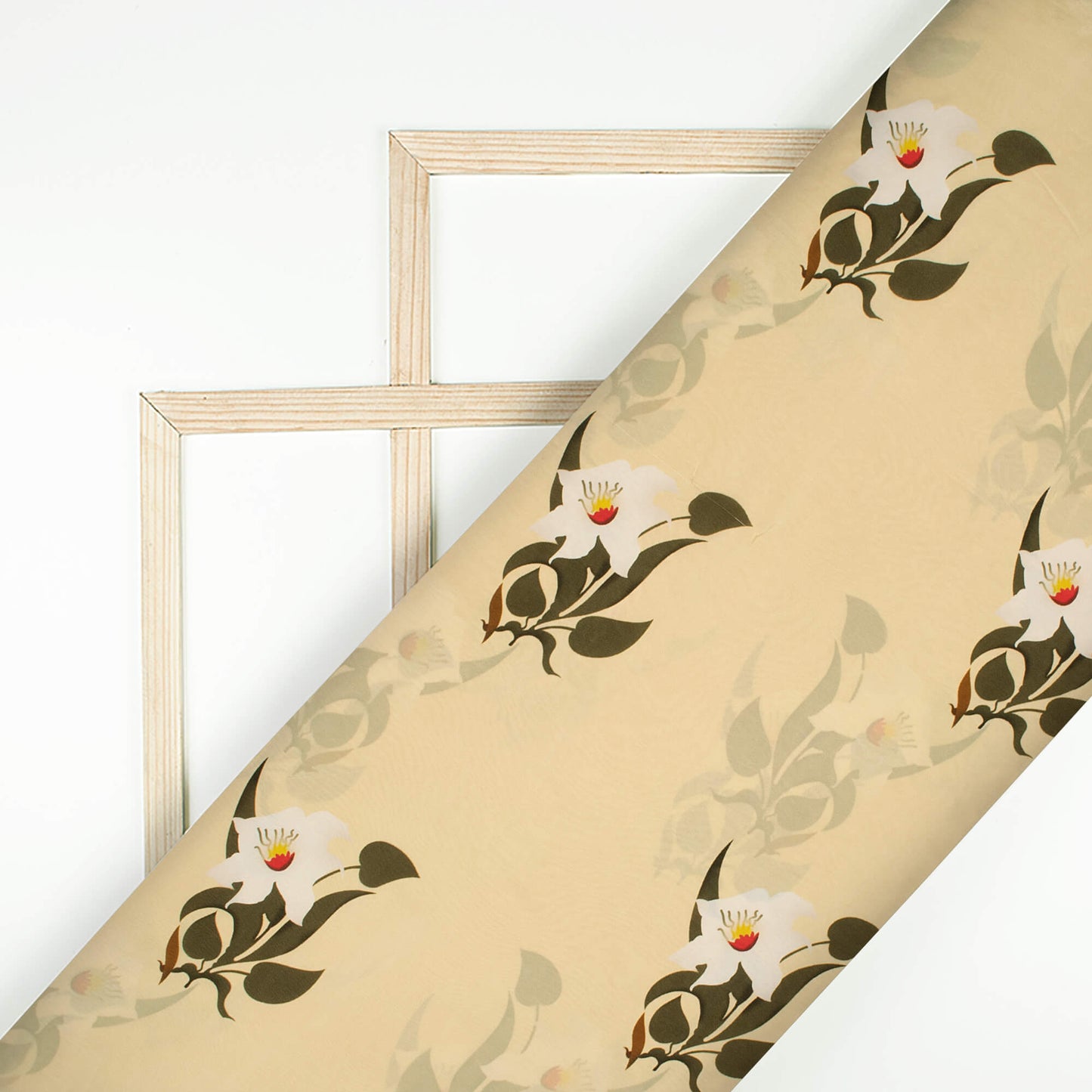 Oat Beige And Old Moss Green Floral Pattern Digital Print Viscose Natural Crepe Fabric