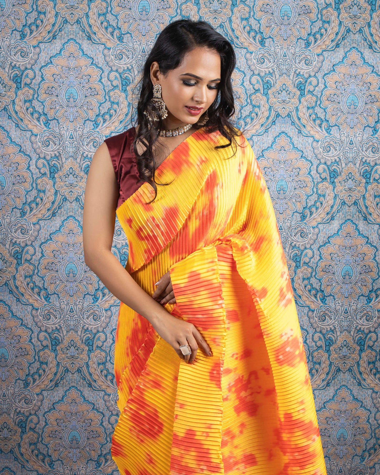 Yellow Plain Half Digital Print Pleated Japan Satin Saree