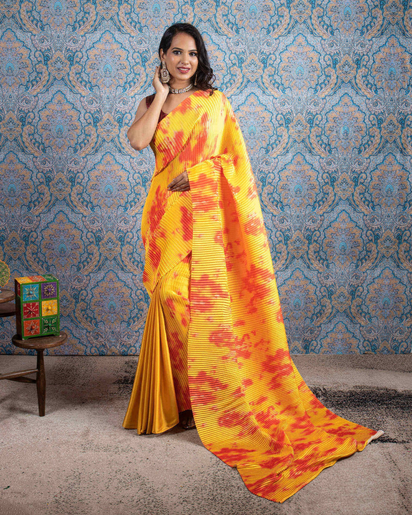 Yellow Plain Half Digital Print Pleated Japan Satin Saree