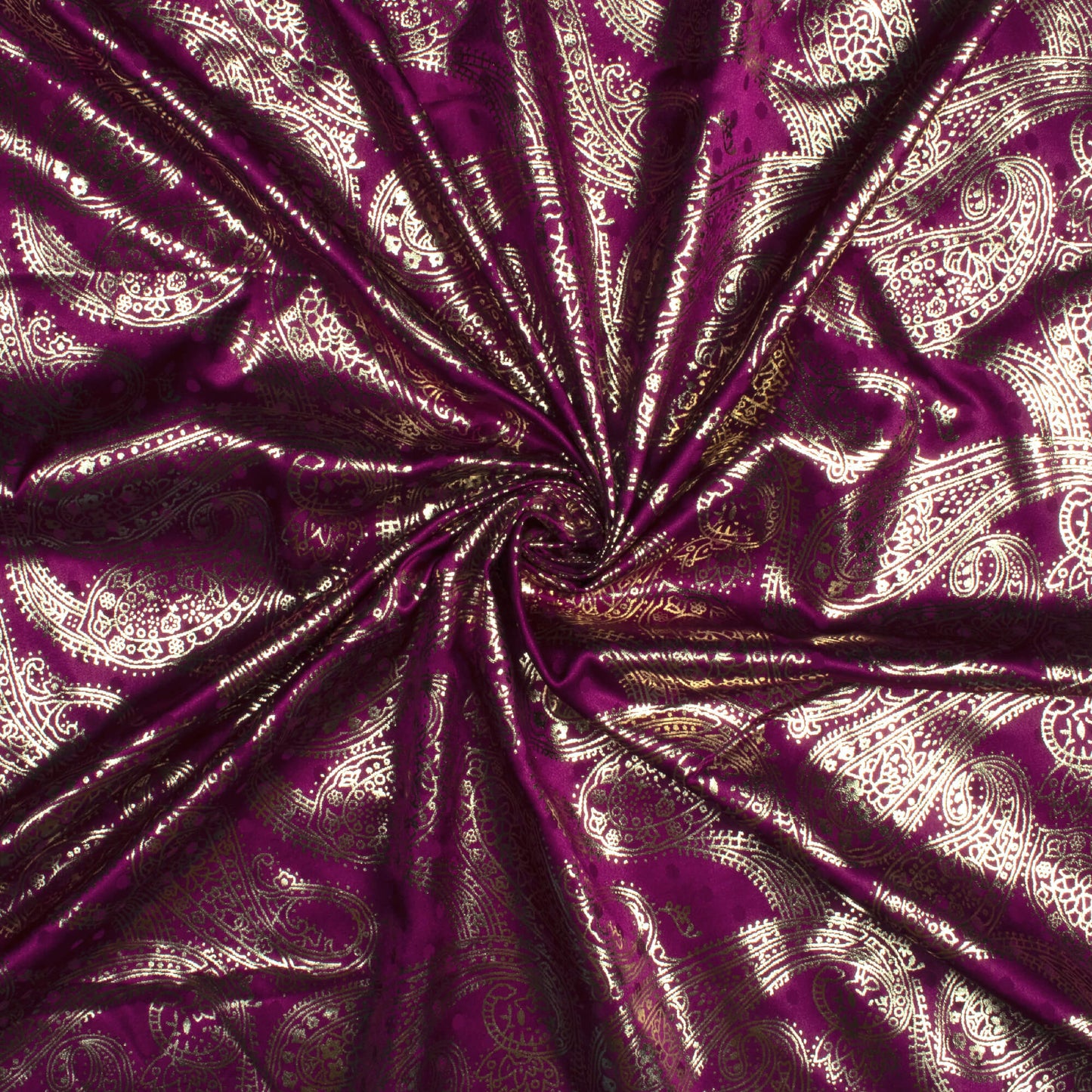 Wine Purple Paisley Pattern Golden Foil Print Jacquard Booti Japan Satin Fabric (Width 54 Inches)