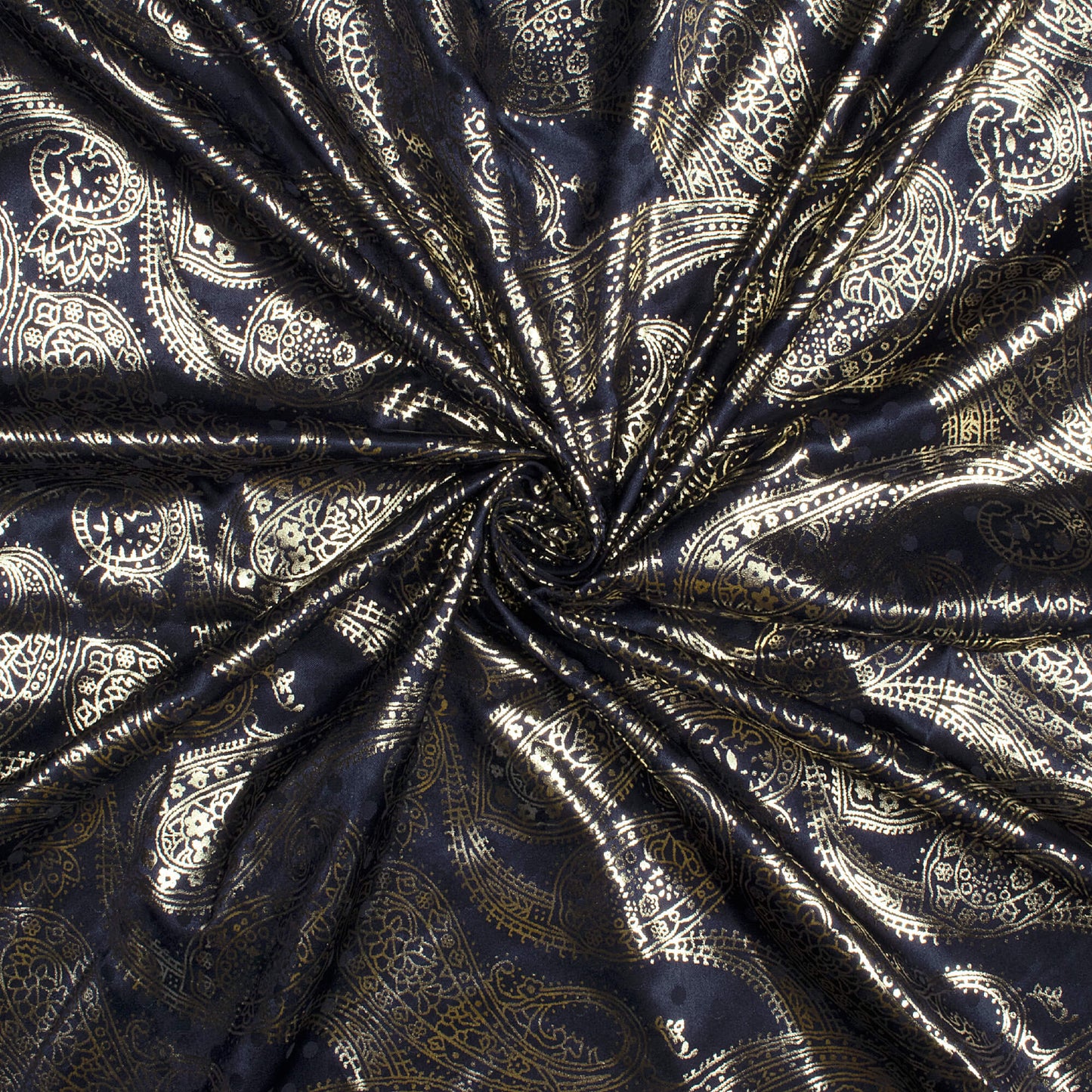 Navy Blue Paisley Pattern Golden Foil Print Jacquard Booti Japan Satin Fabric (Width 54 Inches)