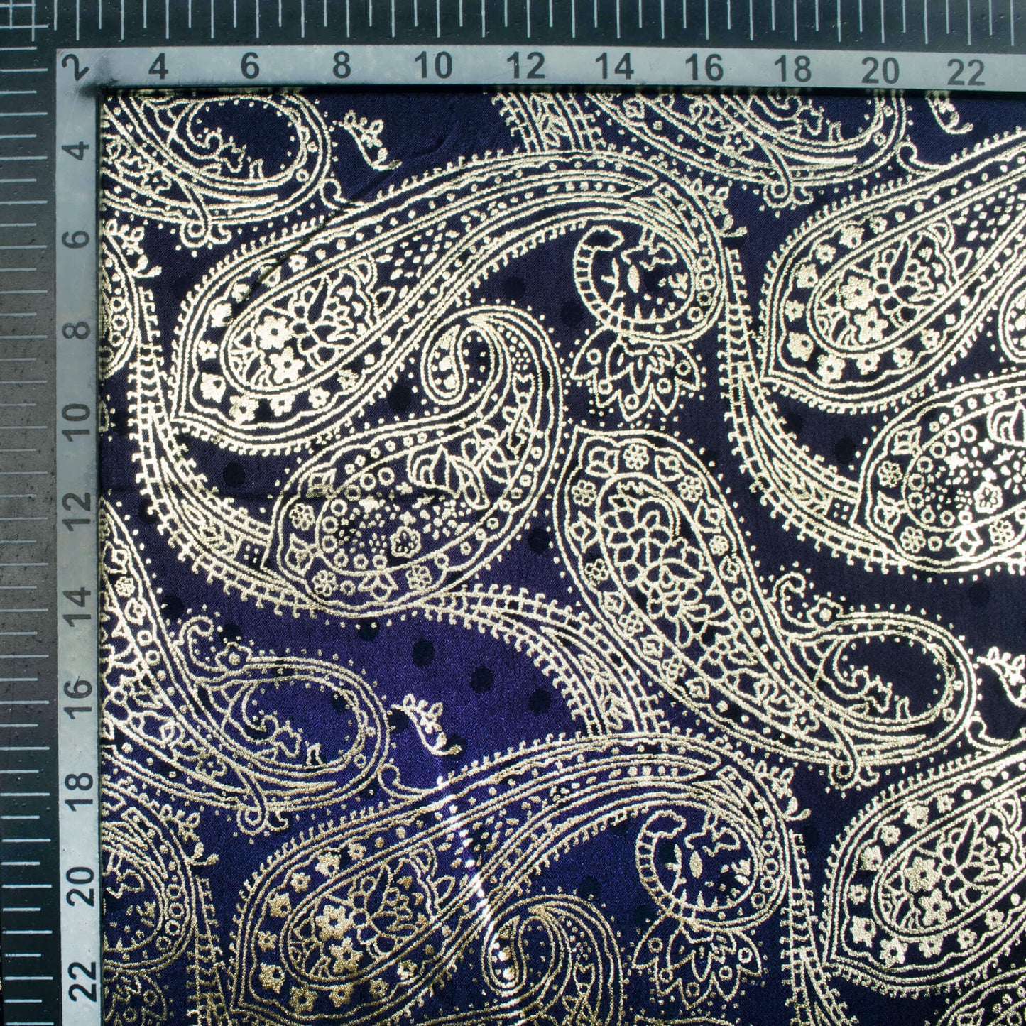 Navy Blue Paisley Pattern Golden Foil Print Jacquard Booti Japan Satin Fabric (Width 54 Inches)
