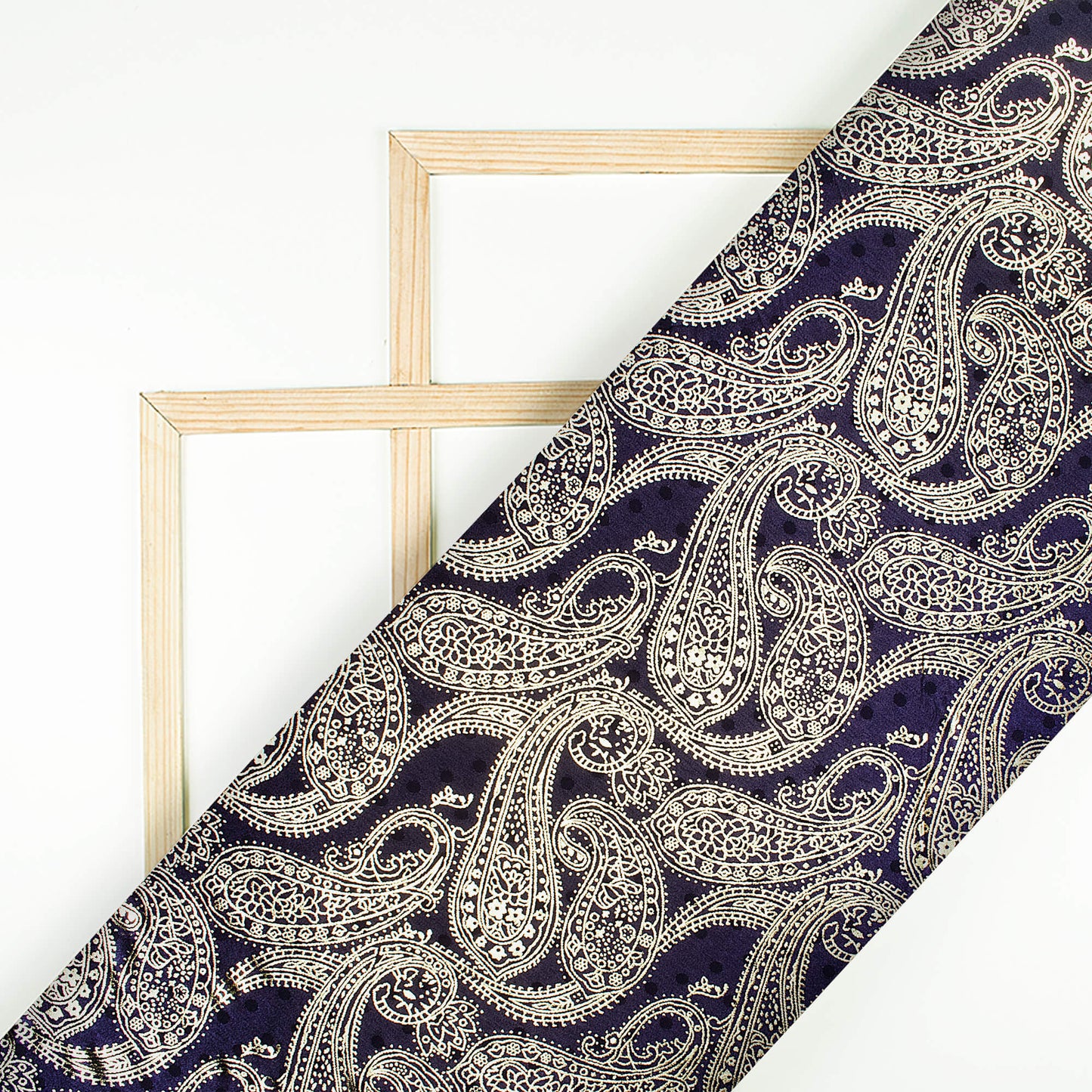 Navy Blue Paisley Pattern Golden Foil Print Jacquard Booti Japan Satin Fabric (Width 54 Inches)