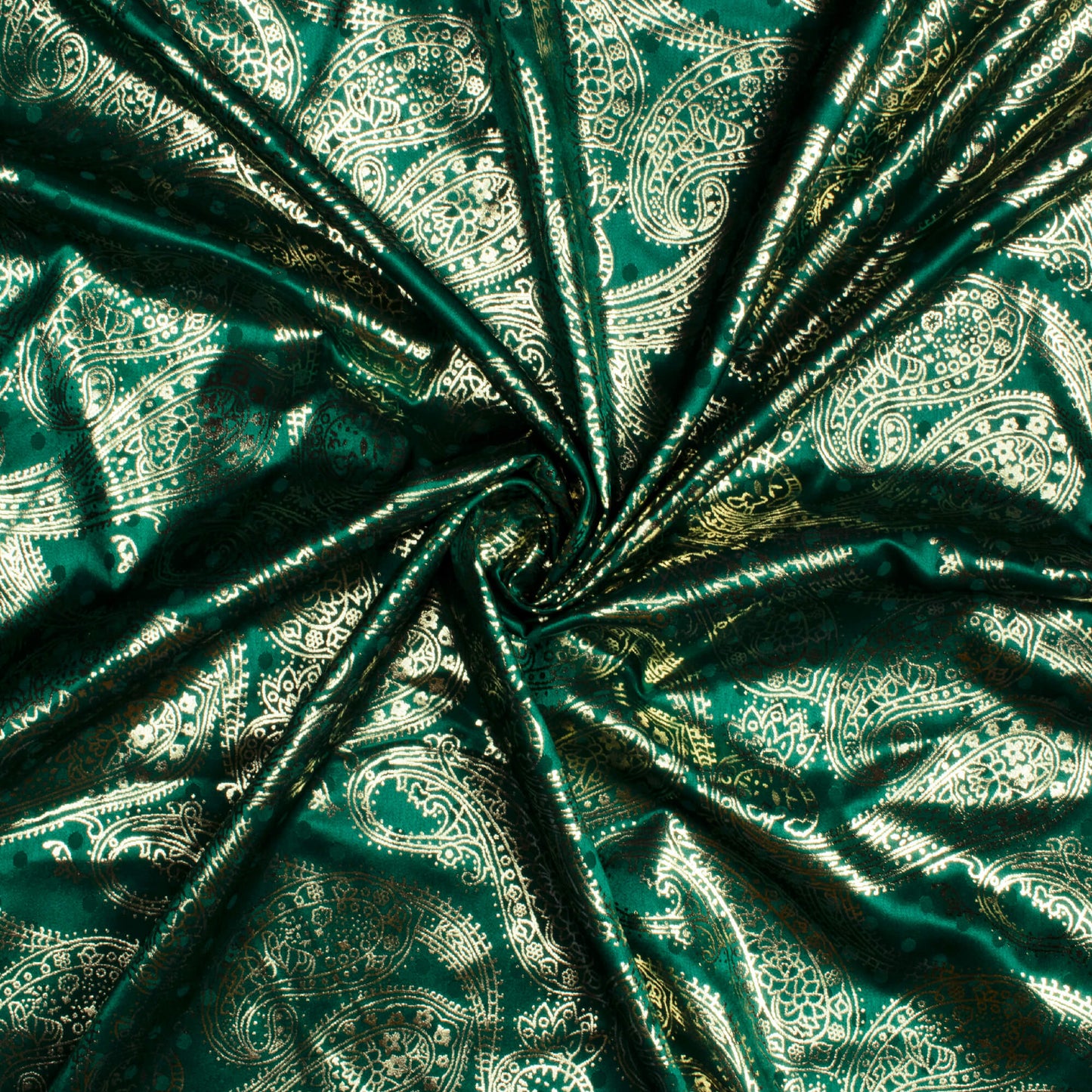 Sacramento Green Paisley Pattern Golden Foil Print Jacquard Booti Japan Satin Fabric (Width 54 Inches)