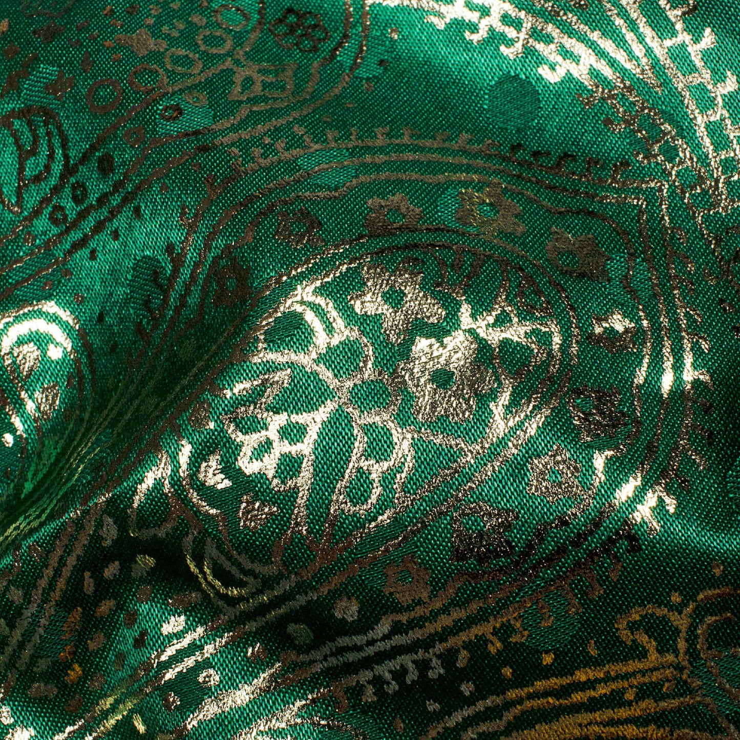 Sacramento Green Paisley Pattern Golden Foil Print Jacquard Booti Japan Satin Fabric (Width 54 Inches)