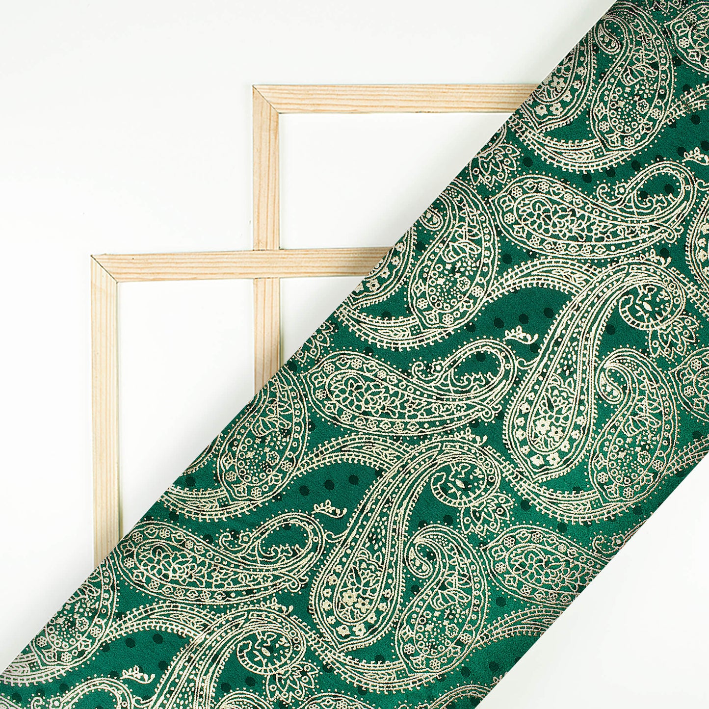 Sacramento Green Paisley Pattern Golden Foil Print Jacquard Booti Japan Satin Fabric (Width 54 Inches)