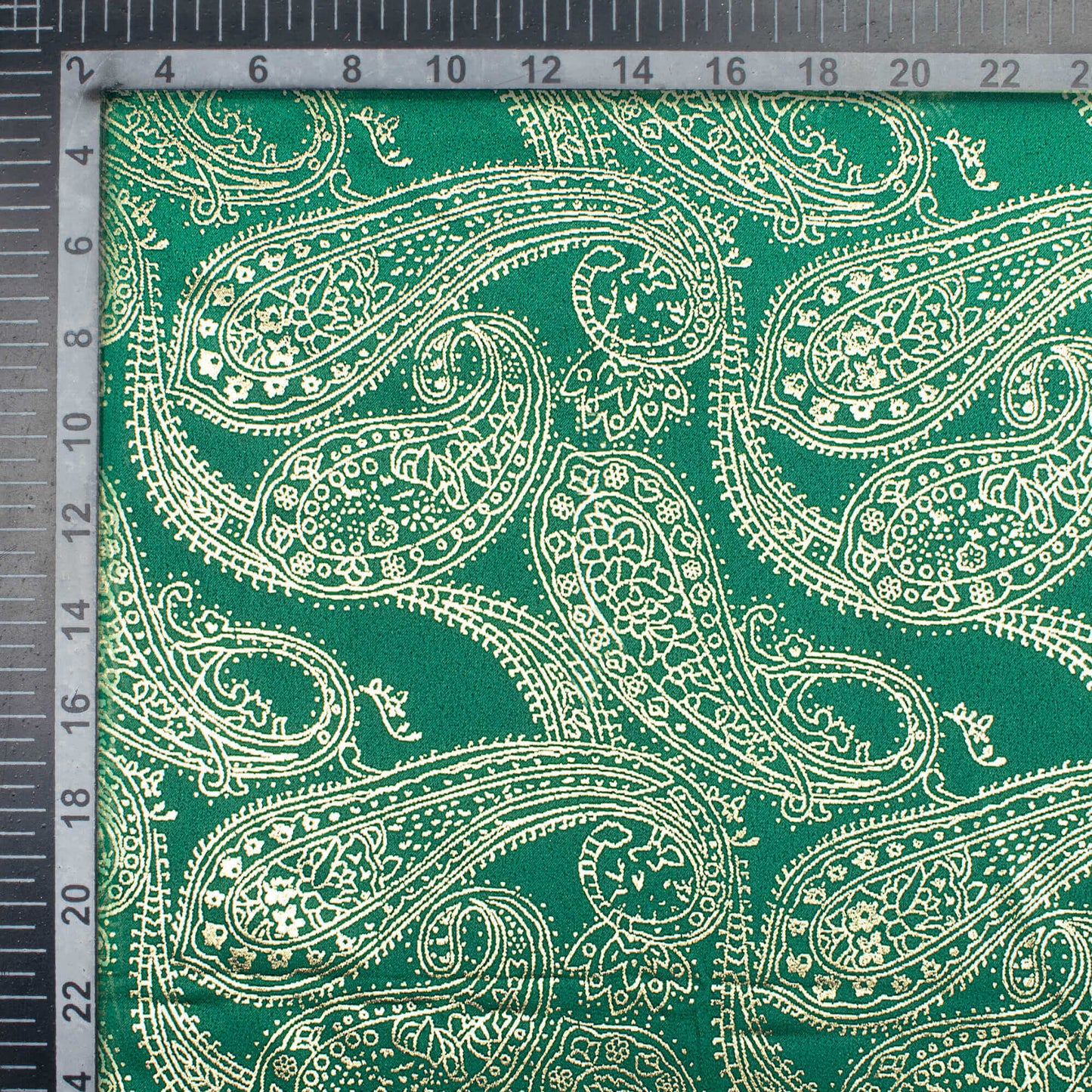 Sacramento Green Paisley Pattern Golden Foil Print Butter Silk Satin Fabric (Width 56 Inches)