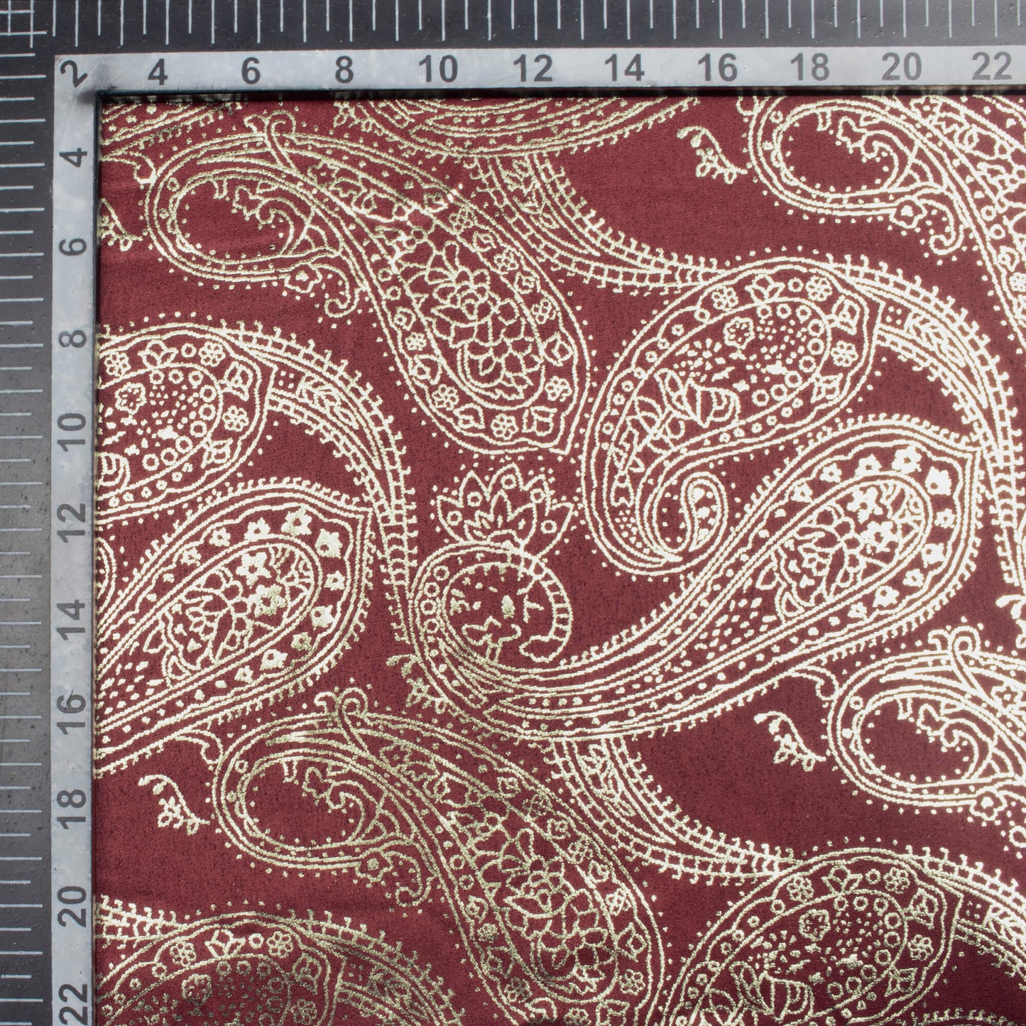 Maroon Paisley Pattern Golden Foil Print Butter Silk Satin Fabric (Width 56 Inches)