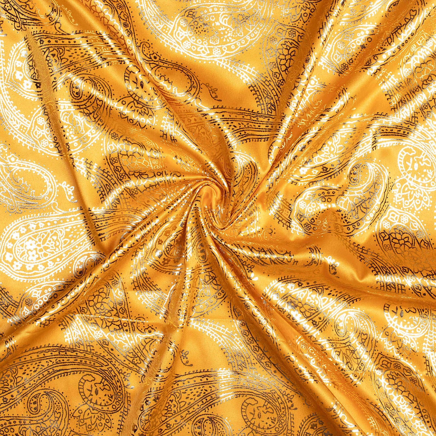 Mustard Yellow Paisley Pattern Golden Foil Print Butter Silk Satin Fabric (Width 56 Inches)