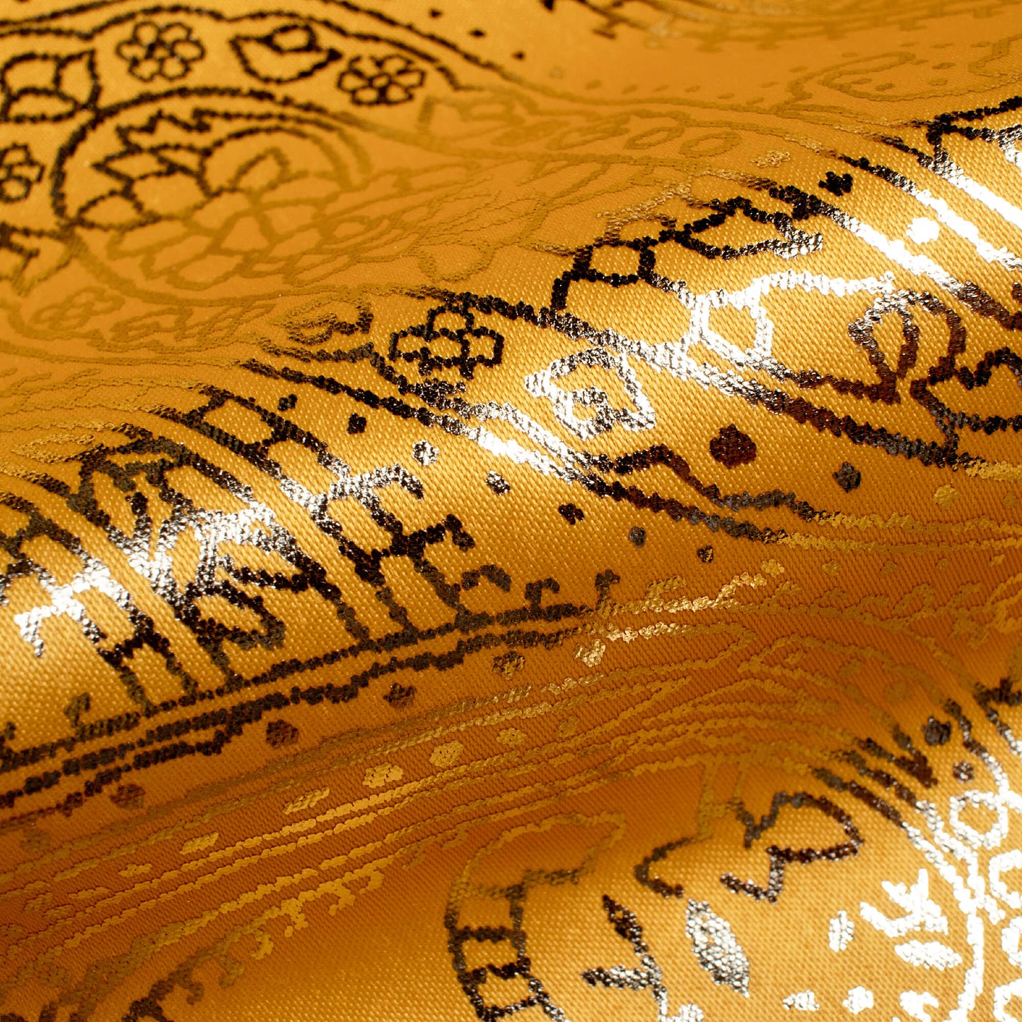 Mustard Yellow Paisley Pattern Golden Foil Print Butter Silk Satin Fabric (Width 56 Inches)
