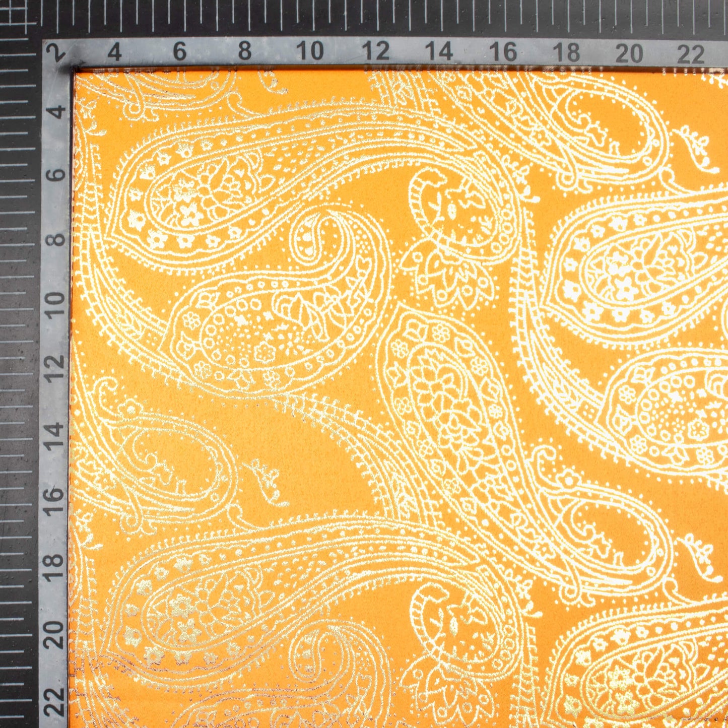 Mustard Yellow Paisley Pattern Golden Foil Print Butter Silk Satin Fabric (Width 56 Inches)