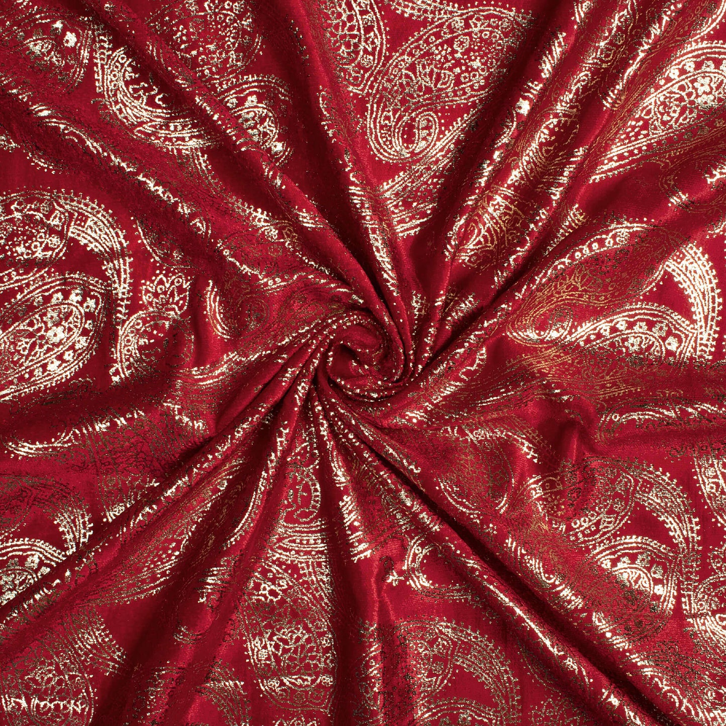 Red Paisley Pattern Golden Foil Print Export Quality Micro Velvet Fabric