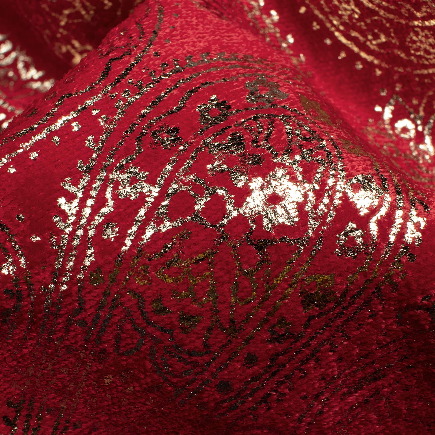 Red Paisley Pattern Golden Foil Print Export Quality Micro Velvet Fabric