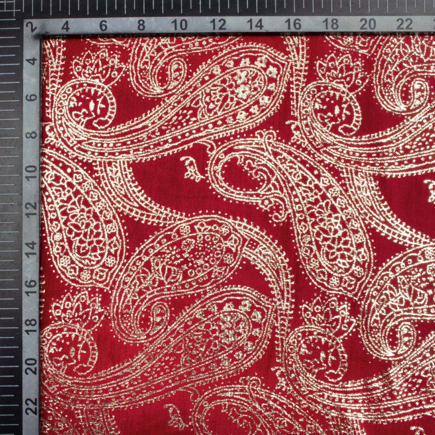 Red Paisley Pattern Golden Foil Print Export Quality Micro Velvet Fabric