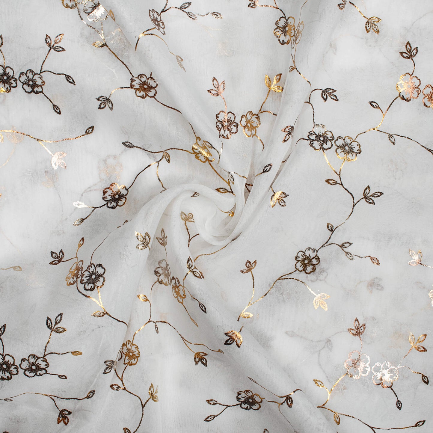 White Floral Pattern Golden Foil Print Organza Fabric