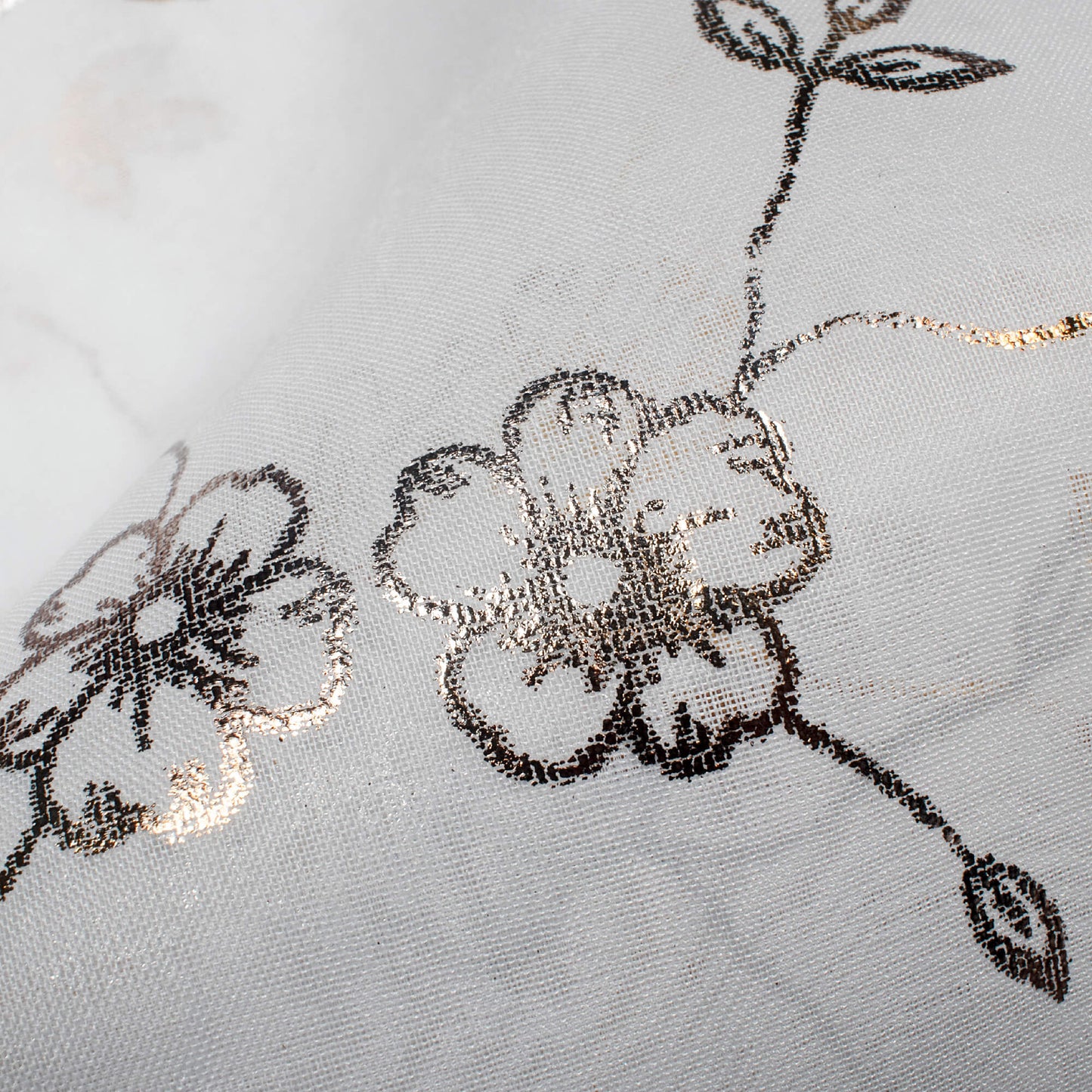 White Floral Pattern Golden Foil Print Organza Fabric