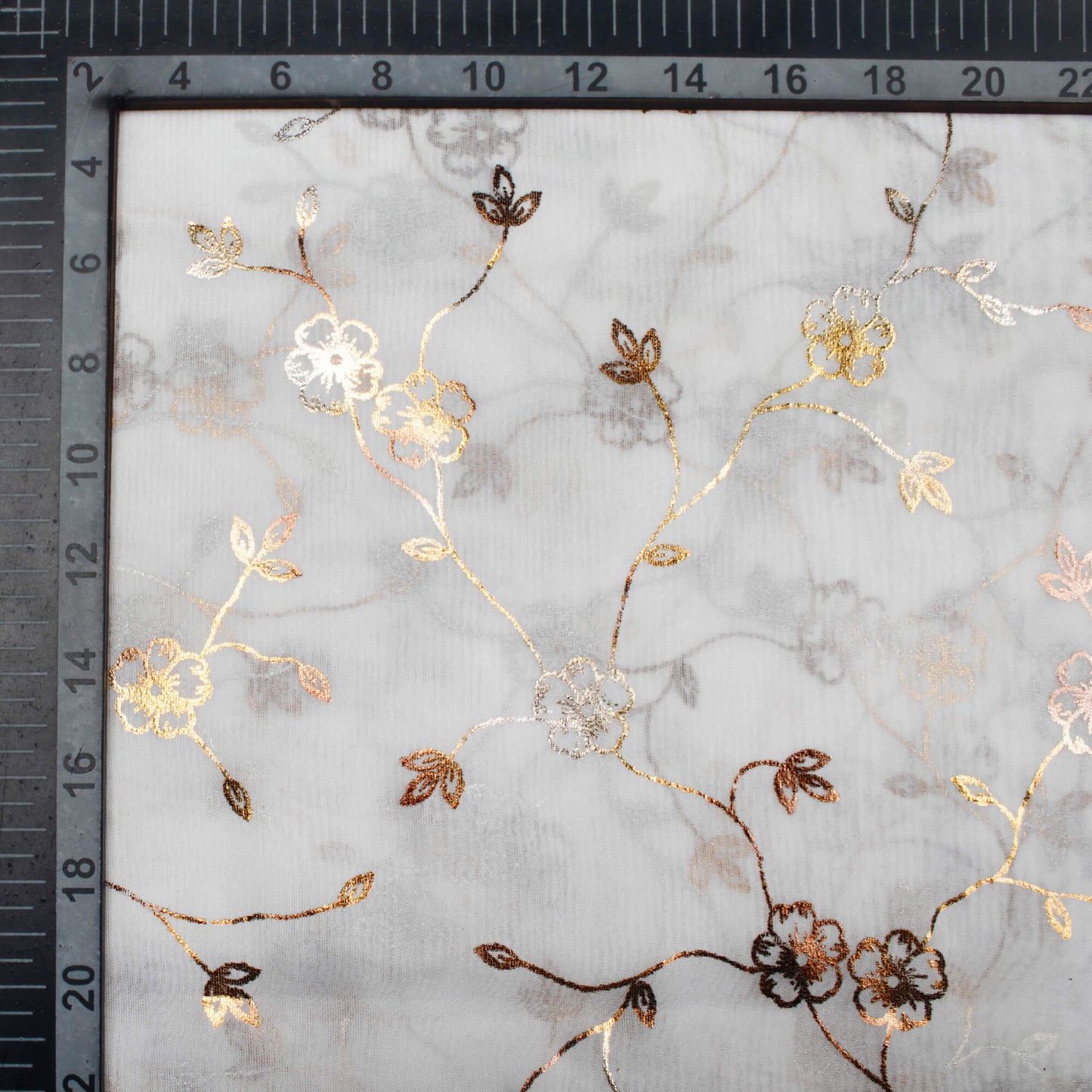 White Floral Pattern Golden Foil Print Organza Fabric