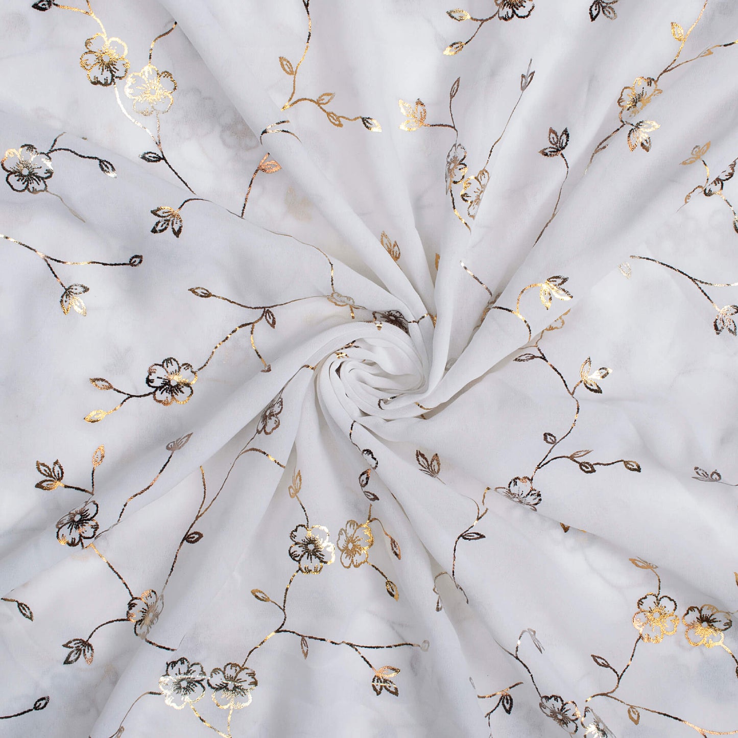 White Floral Pattern Golden Foil Print Georgette Fabric