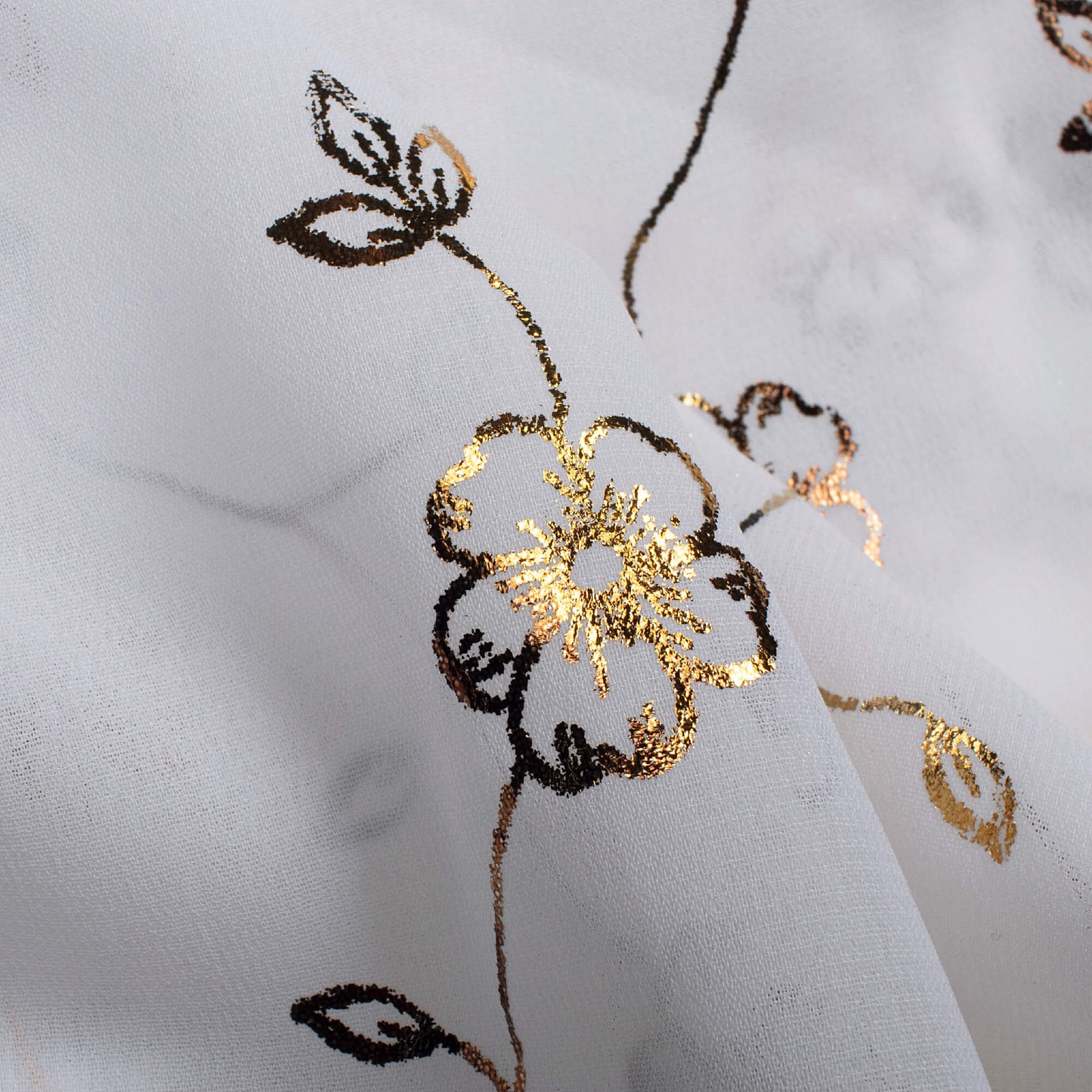White Floral Pattern Golden Foil Print Georgette Fabric