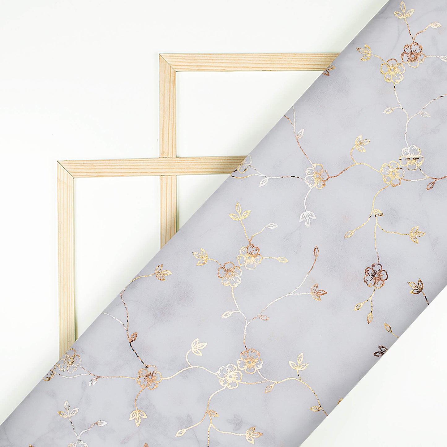 White Floral Pattern Golden Foil Print Georgette Fabric