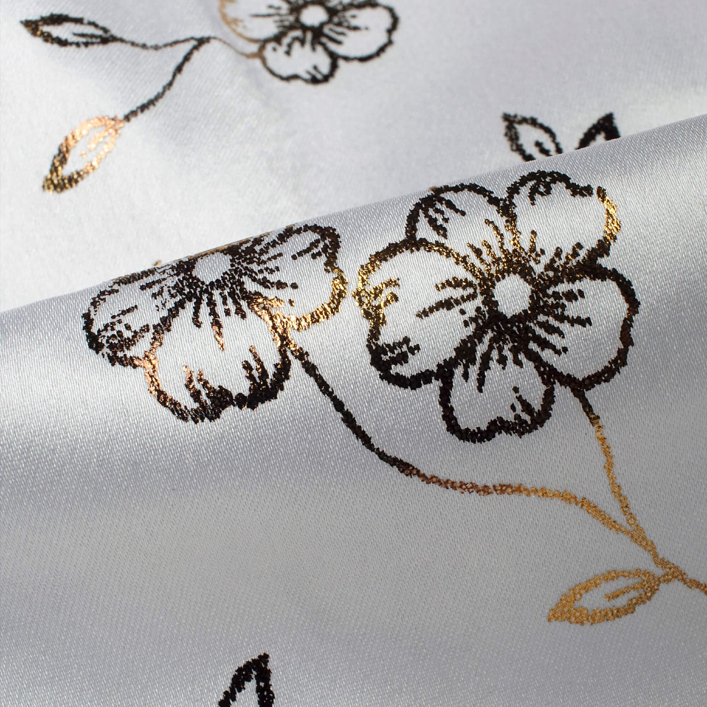 White Floral Pattern Golden Foil Print Japan Satin Fabric