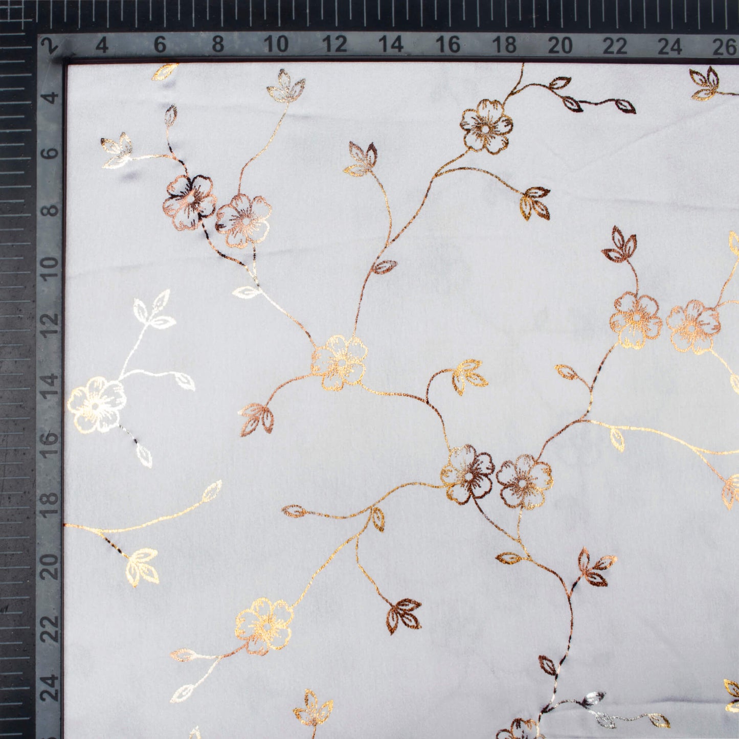 White Floral Pattern Golden Foil Print Japan Satin Fabric