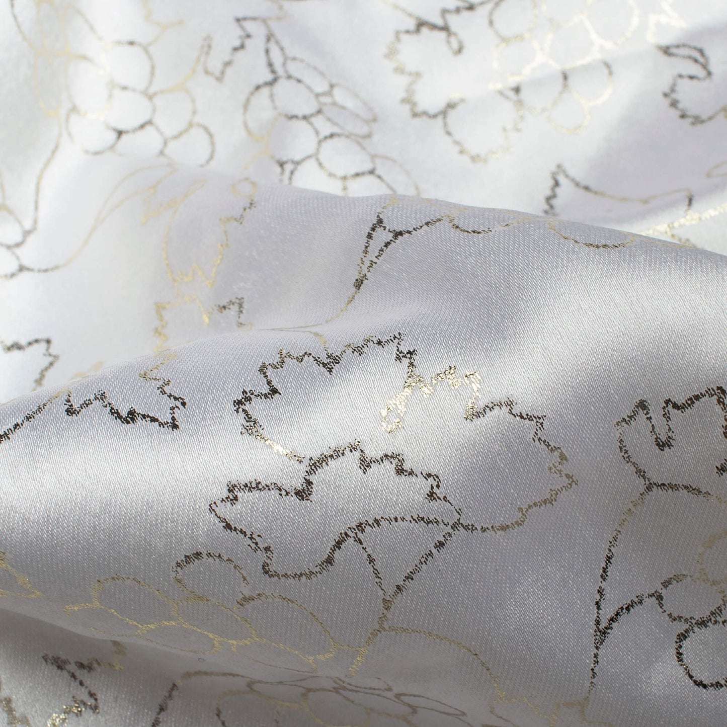 White Floral Pattern Golden Foil Print Japan Satin Fabric