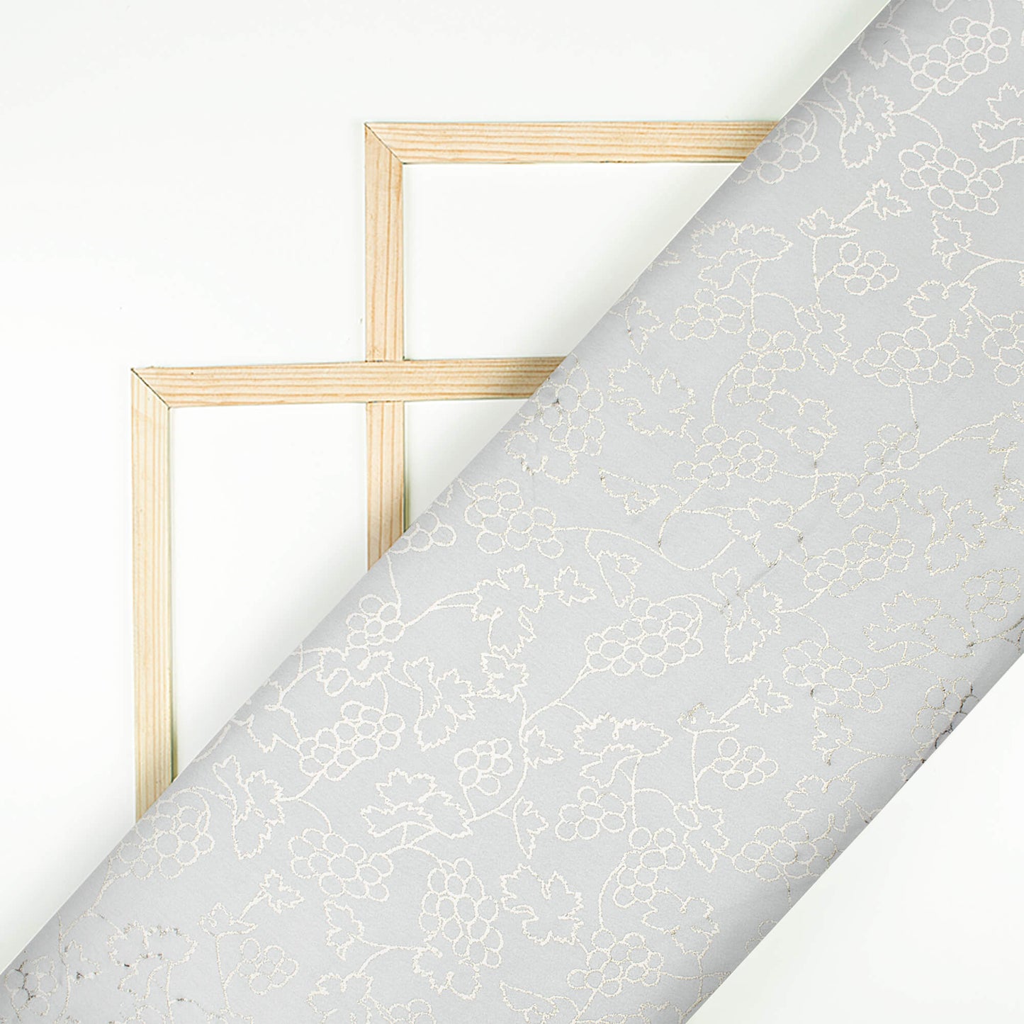 White Floral Pattern Golden Foil Print Japan Satin Fabric
