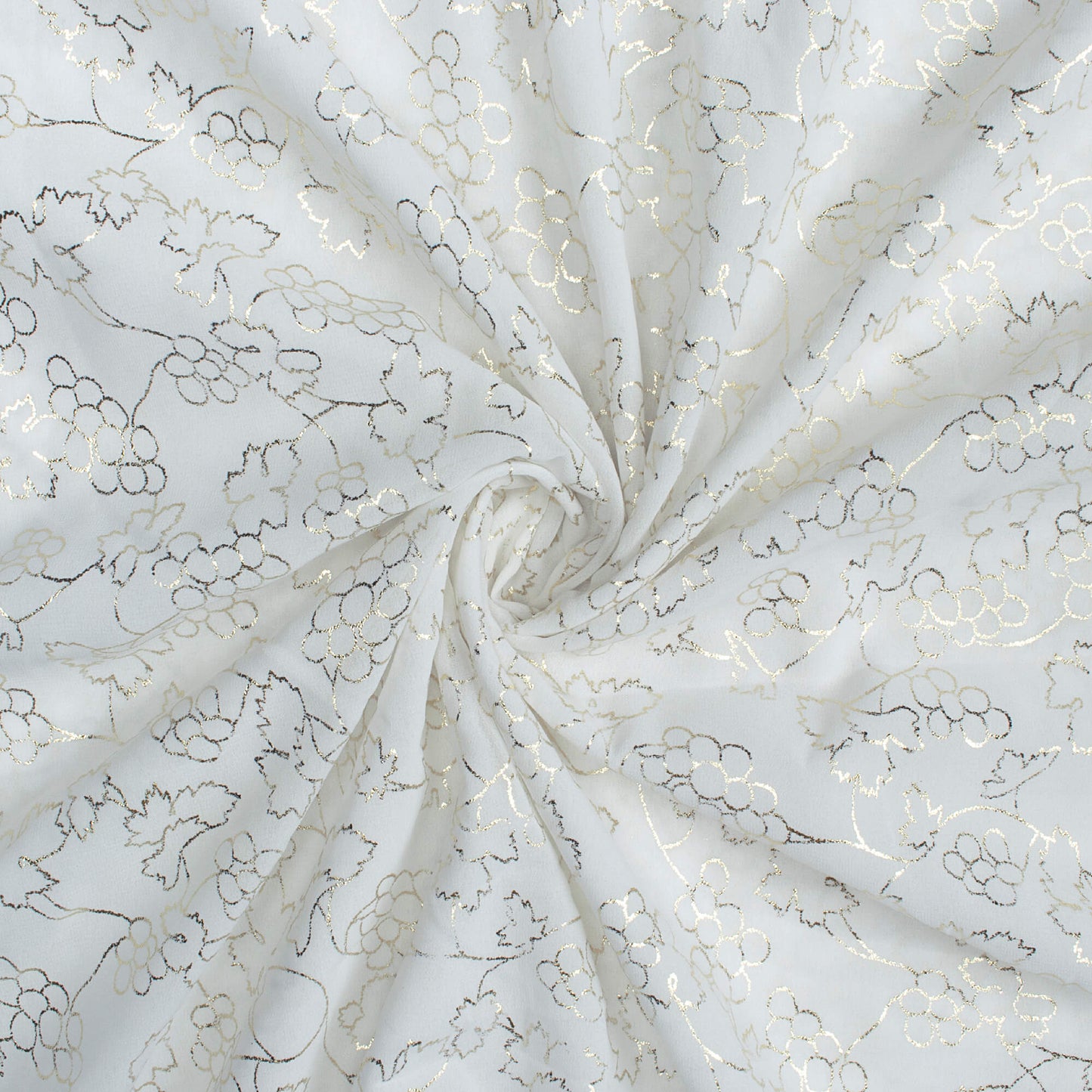 White Floral Pattern Golden Foil Print Georgette Fabric