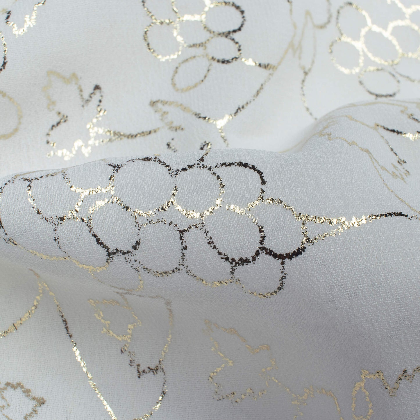 White Floral Pattern Golden Foil Print Georgette Fabric