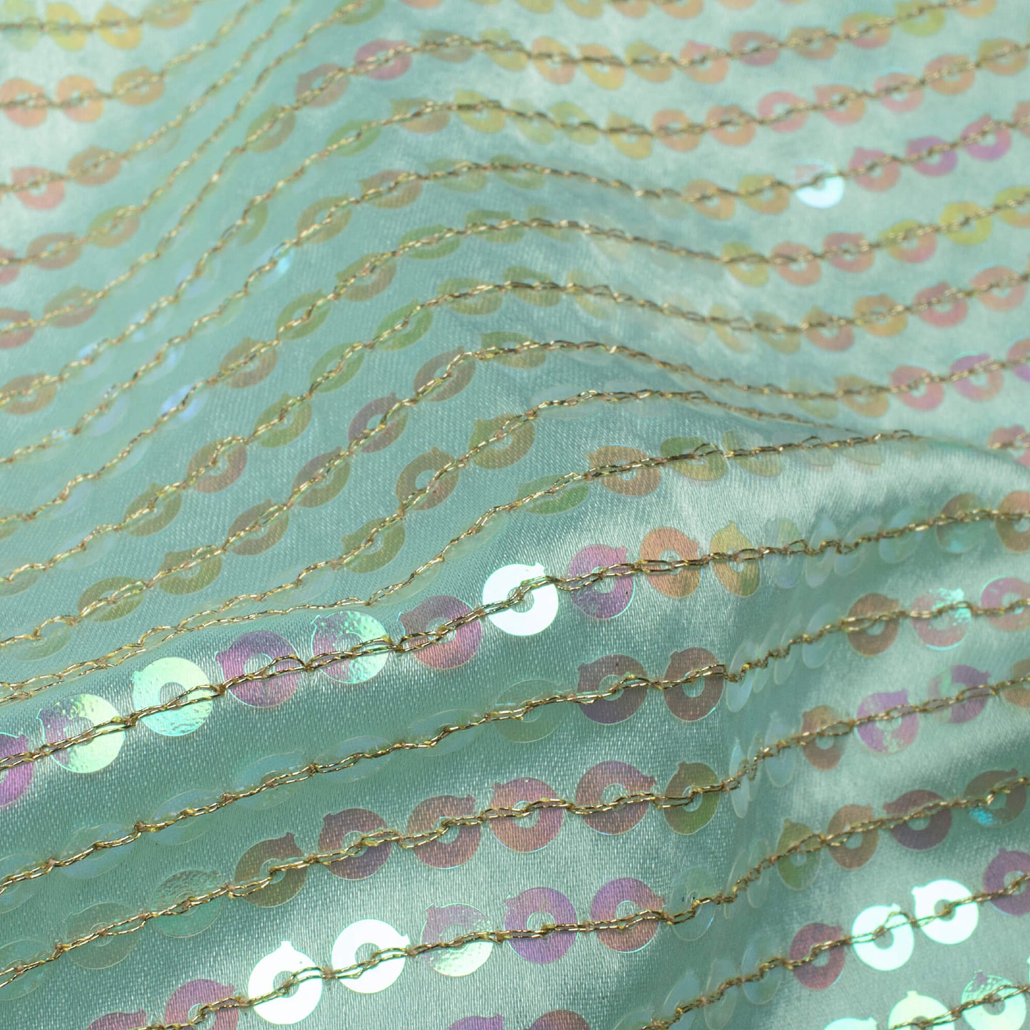 Mint Green All Over Premium Rainbow Sequins Japan Satin Fabric