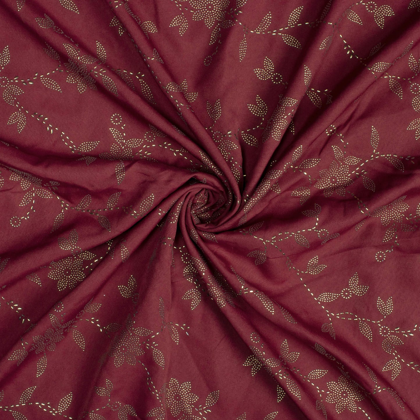 Maroon Floral Golden Dew Drops Butter Crepe Fabric