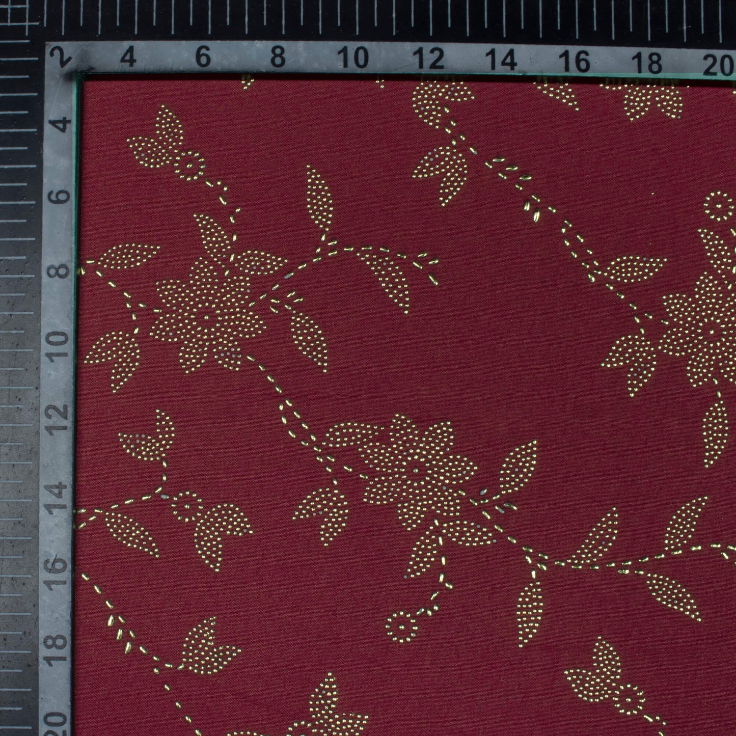 Maroon Floral Golden Dew Drops Butter Crepe Fabric