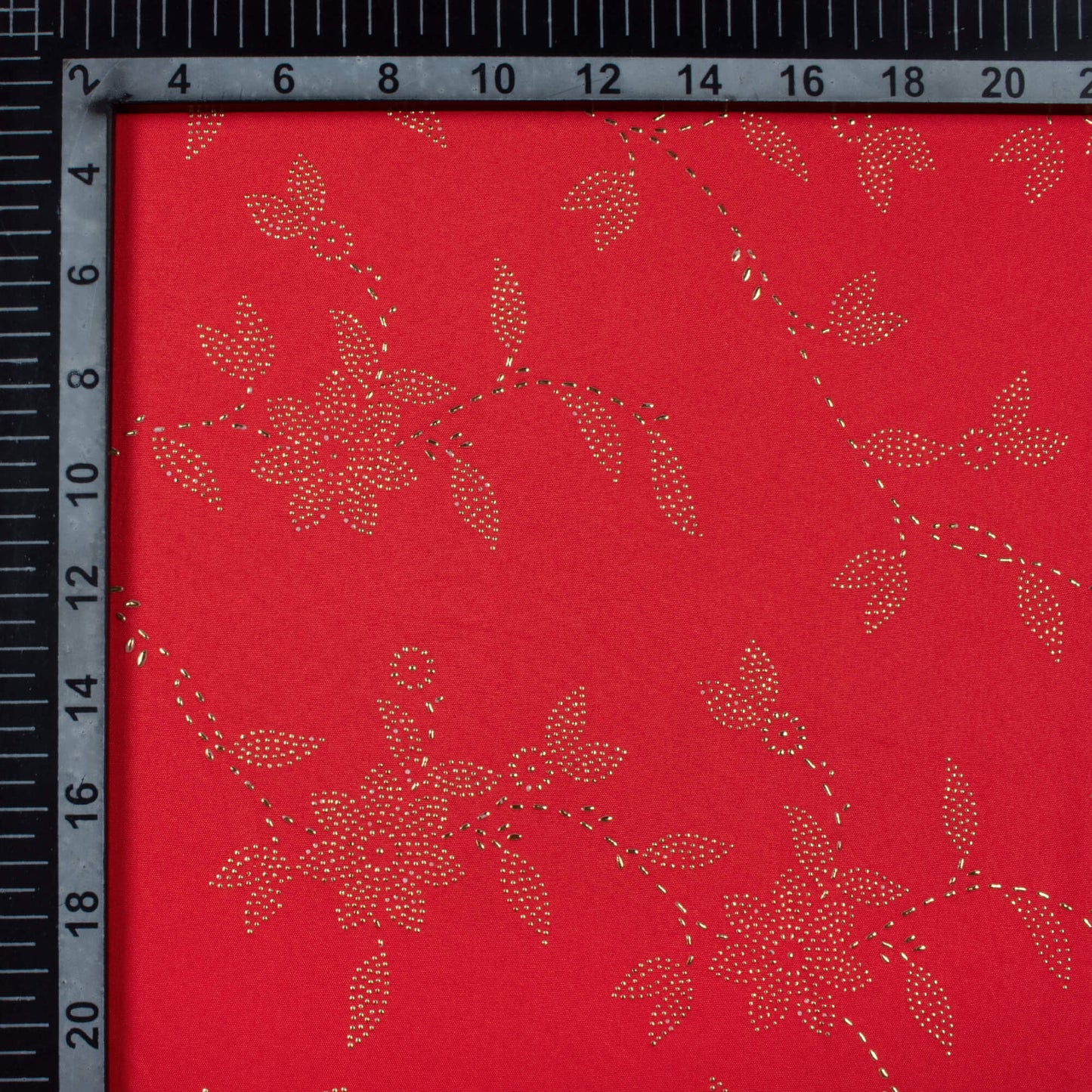 Chilli Red Floral Golden Dew Drops Butter Crepe Fabric