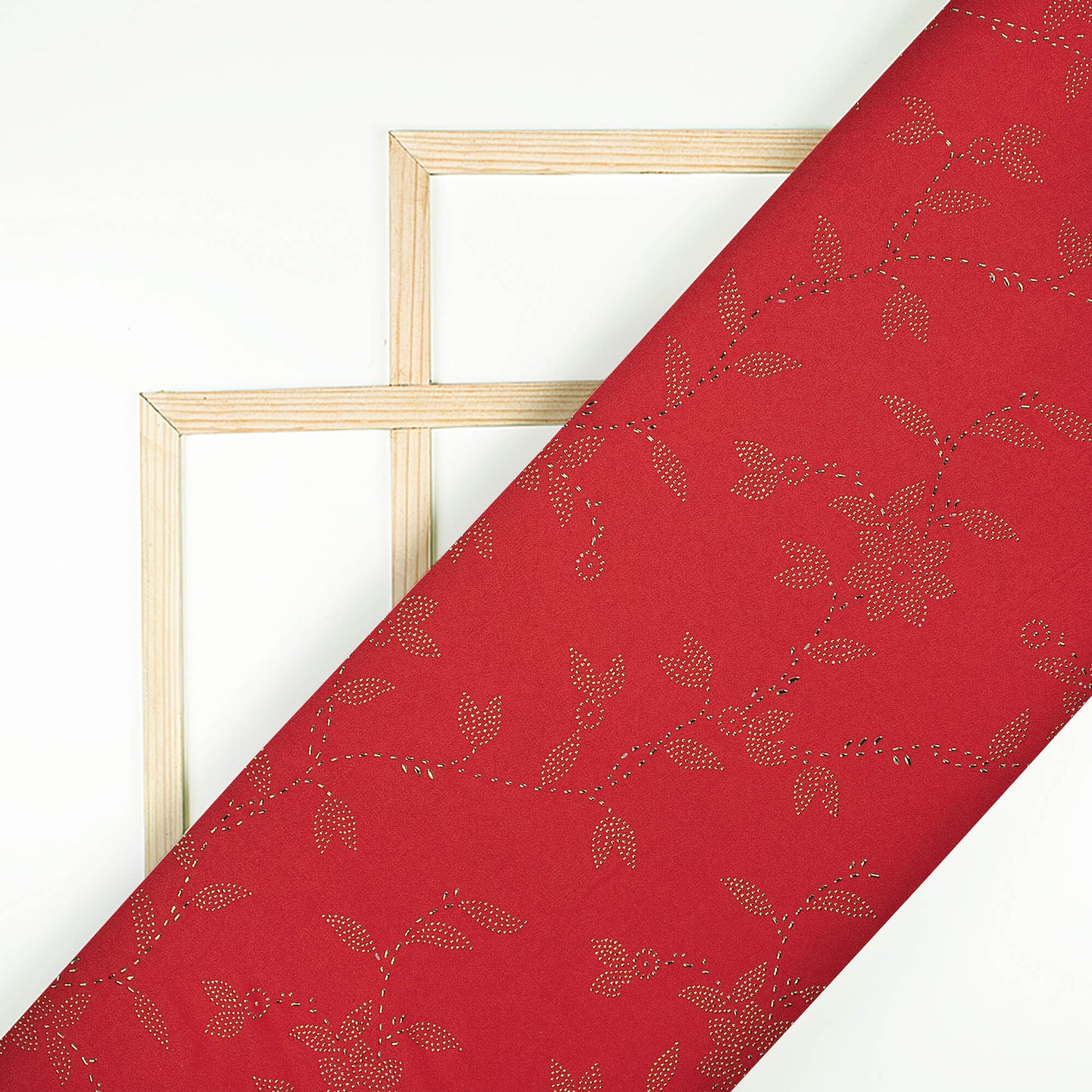 Chilli Red Floral Golden Dew Drops Butter Crepe Fabric