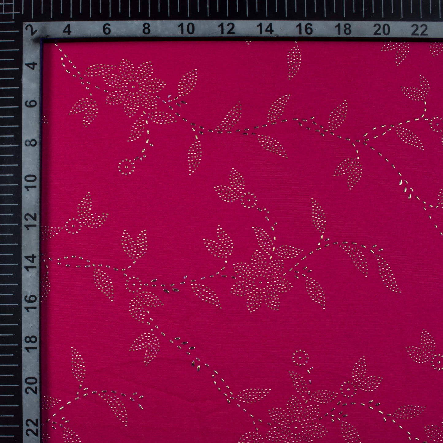 Cerise Pink Floral Golden Dew Drops Butter Crepe Fabric