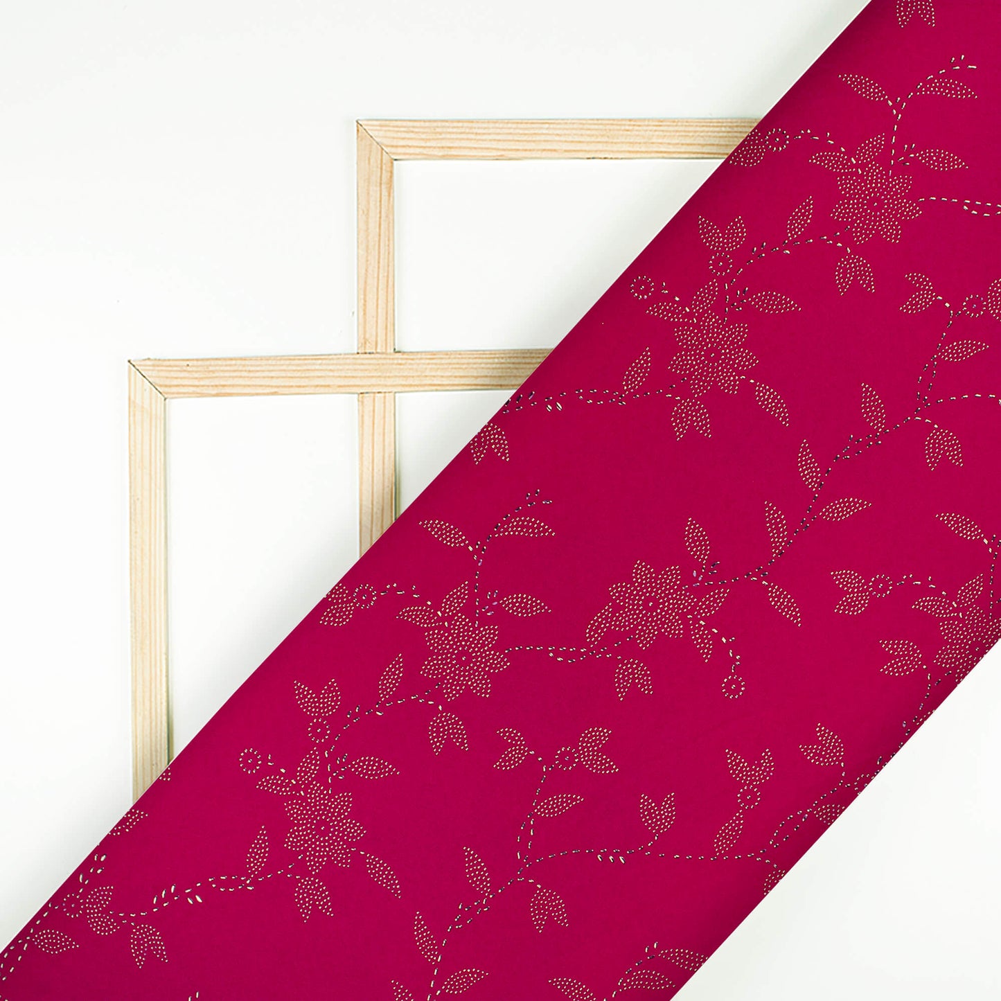 Cerise Pink Floral Golden Dew Drops Butter Crepe Fabric